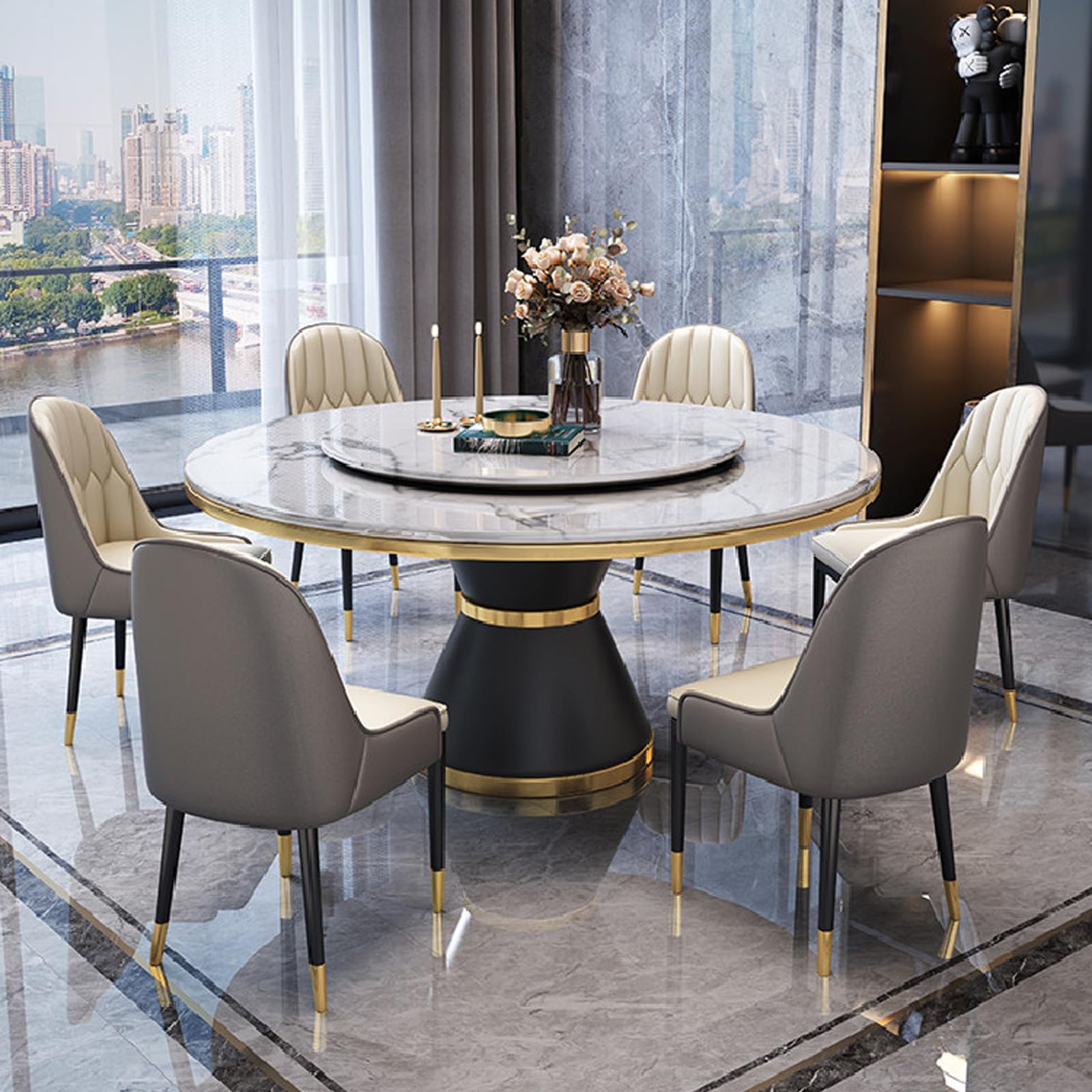 Round Sintered Stone Kitchen Dining Table with Lazy Susan, Luxury Style Round Marble Dining Table with Turnable, Circular Tabletop Kitchen Table, Without Chairs (White, L63in, Marble)