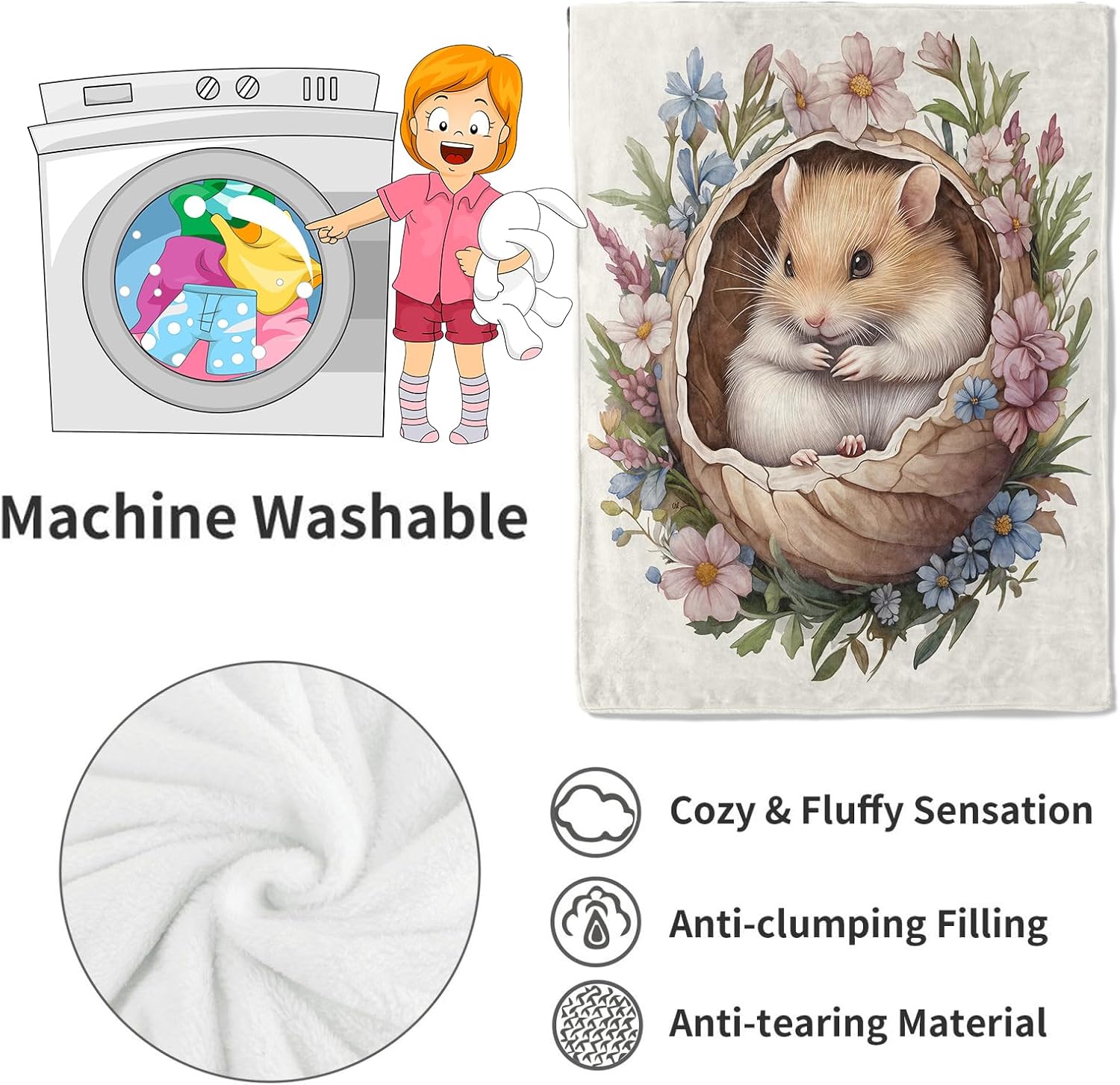 Hamster Blanket,50x60in,Cute Animal in Floral Nest Pastel Flower Throw Blankets,Gifts for Kids Girls Women, Lightweight Soft Fleece Cozy,for Sofa Couch Bed Room Travel Modern Decor