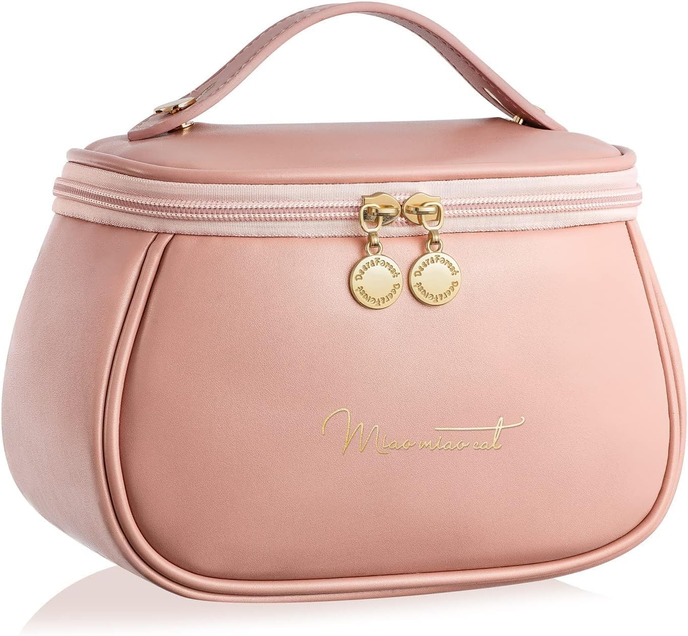 Awestuffs Luxury Cosmetic Bag - Makeup Bag, Portable Waterproof PU Leather Make Up Bag, Travel Makeup Bag Flat Lay Cosmetic Bag Makeup Organizer Bag with Handle and Divider (Pink Retro)