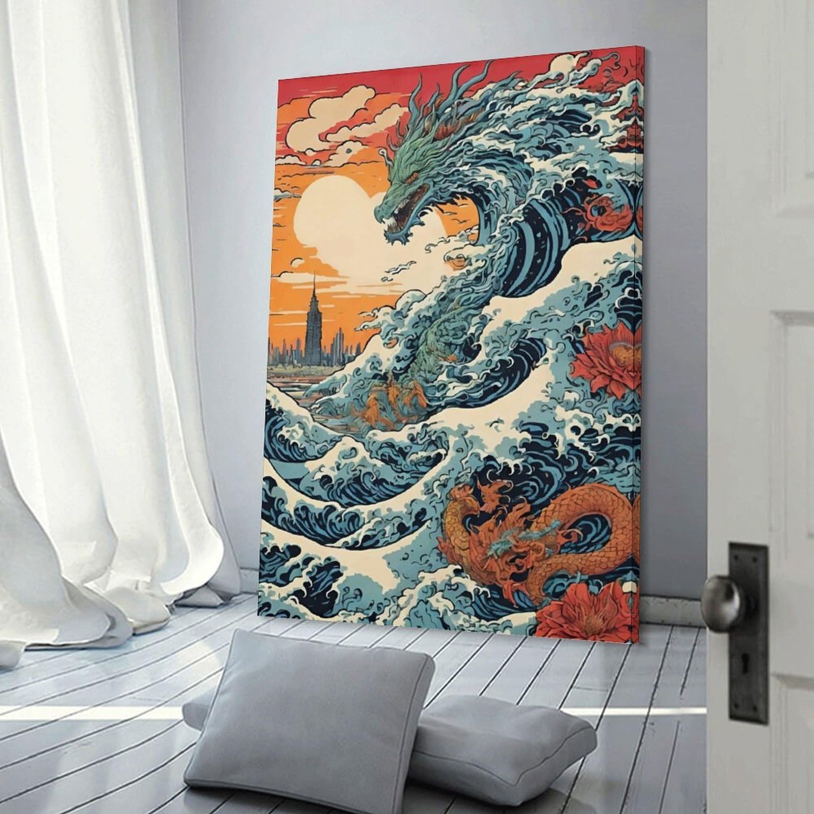 Junmoney Frame-Dragon Wave Japan Dragon Wave Japan Wall Decor Canvas Print, 16X24inch(40X60cm), For Wall Displays, Bedrooms Or Room Updates, Wall Decor Suited To Curated Displays