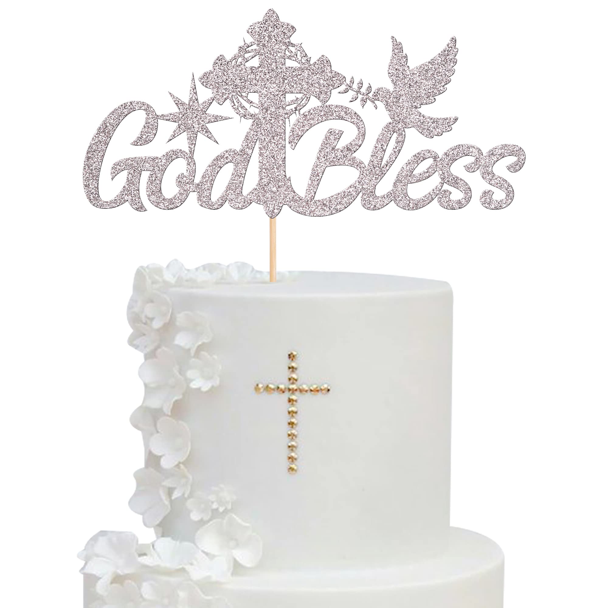 Xsstarmi 1 Pack God Bless Cake Topper Glitter Dove Cross Baptism Cake Picks First Holy Communion Cake Decorations for Religious God Bless This Child Baby Shower Kids Birthday Party Supplies Silver
