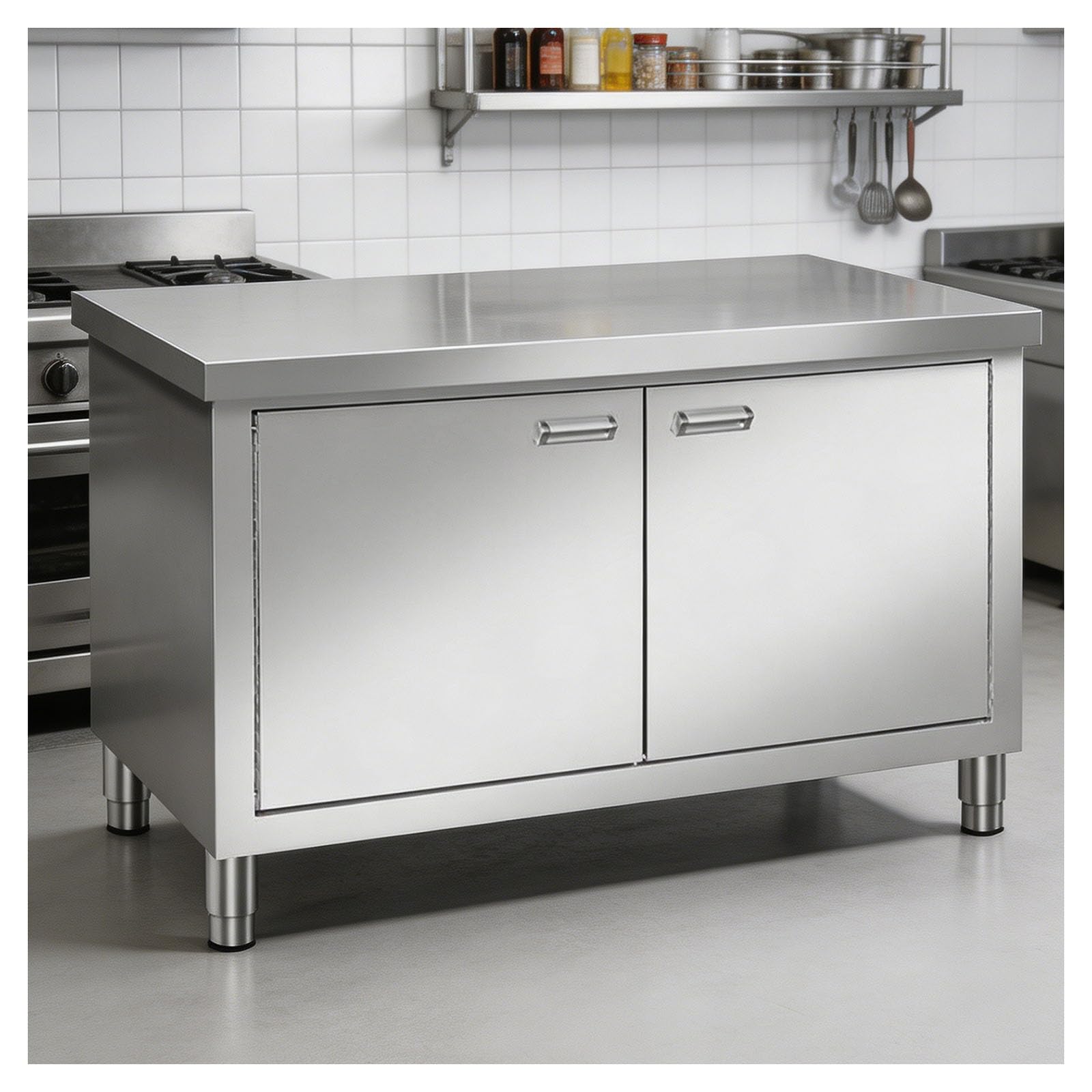 Double-door Stainless Steel Workbench with Spacious Storage Cabinet and Built-in Shelves, Heavy-duty Commercial Metal Prep Table Designed for Use As AaKitchen Chopping Table