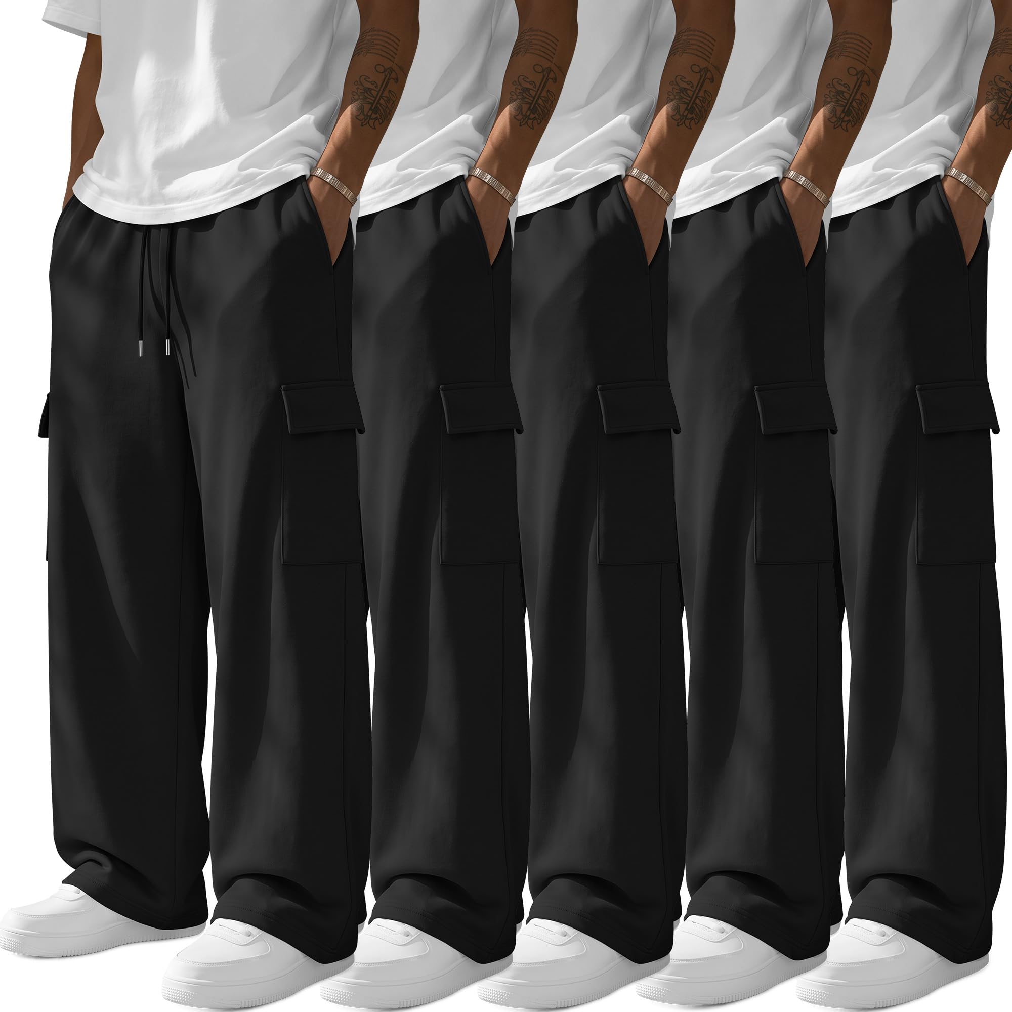 Locoowai 5 Pack Men's Cargo Sweatpants Lightweight Baggy Sweats | Wide Leg Pull on Pants, Open Bottom Joggers, Drawstring Waist, Workout Athletic Wear, Y2k Hip Hop Pants, Casual Streetwear