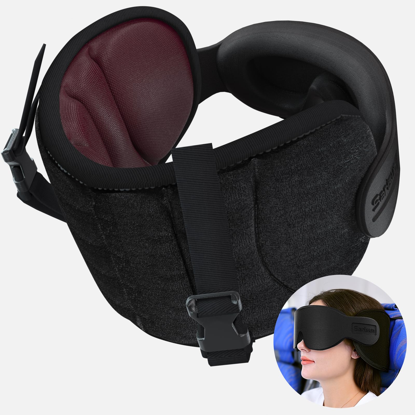 Photo 1 of SARISUN Travel Pillows for Airplanes, Airplane Pillow for Long Flight, Airplane Head Strap with Sleep Eye Mask, 360° Support Headrest for Car Road Trip, Stop Bobblehead Travel Essentials, Red