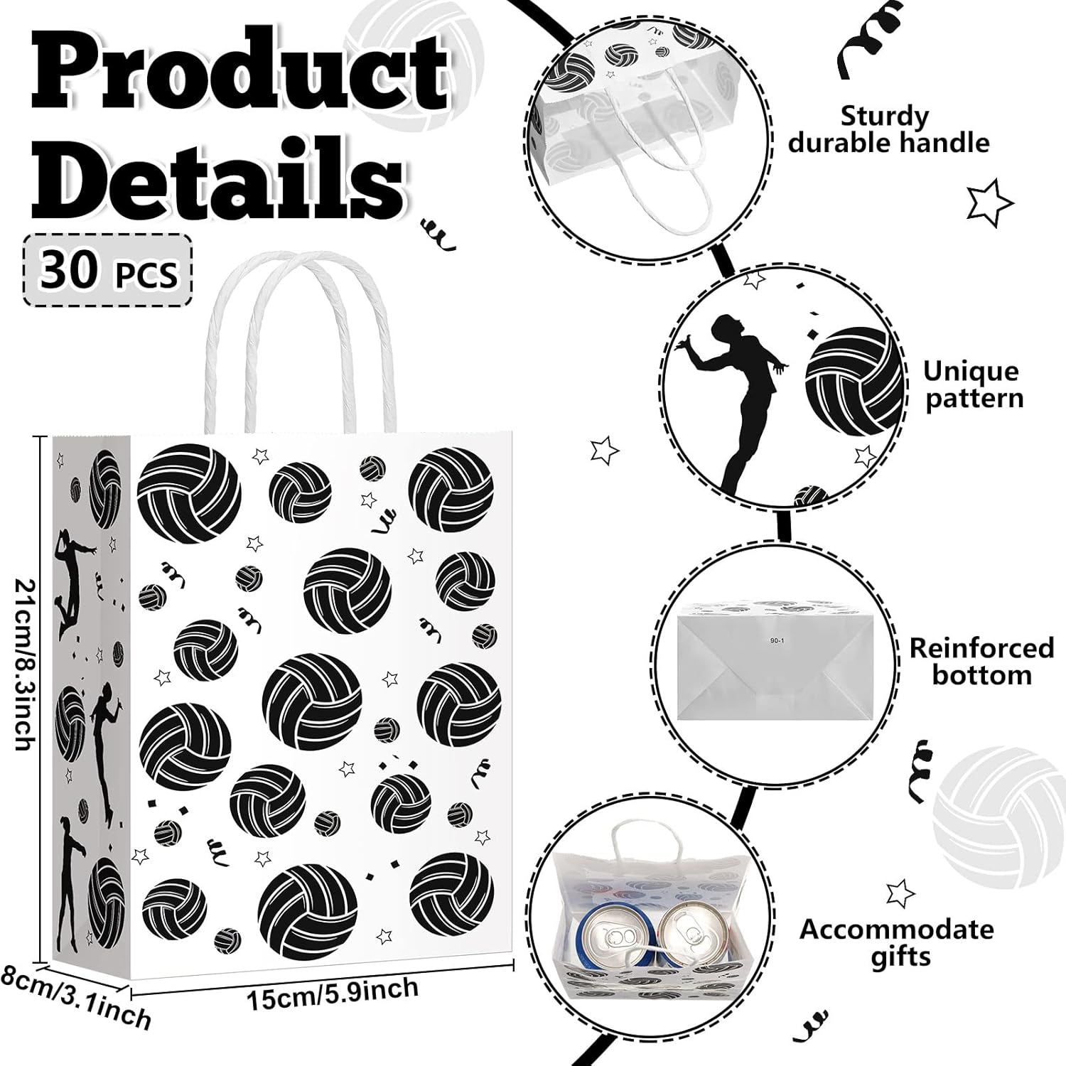 Leinuosen 30 Pcs Volleyball Gift Goodie Bags Volleyball Party Favor Treat Bags for Snacks and Candy with Handle for Ball Theme Adults Birthday Shower Favors, 8.3 x 5.9 x 3.1 Inch - Image 2