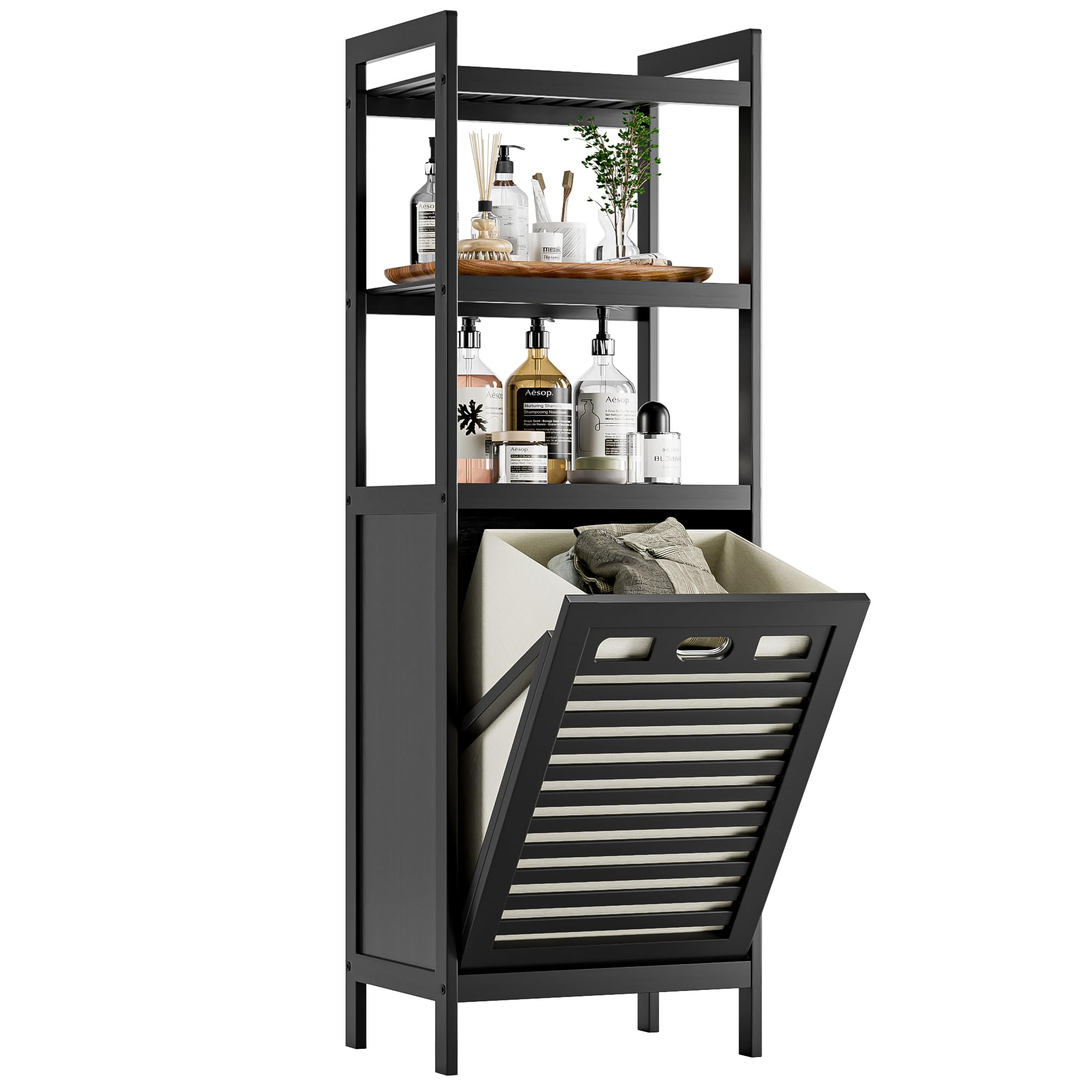 HITNET Tilt Out Laundry Hamper, Bamboo Bathroom Cabinet with Pull Out Removable Bag and 3 Tier Storage Shelves, 40L Clothes Basket with Metal Handle, Black