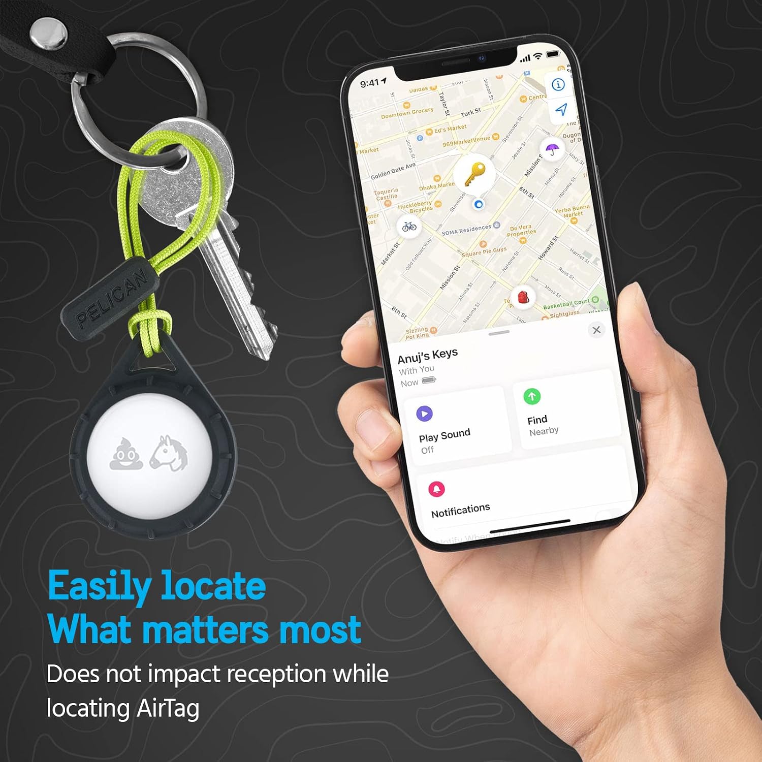 Pelican Protector AirTag Holder - AirTag Keychain with Rugged Strap Loop [Impact Resistant] [Travel Essentials] - Protective Air Tag Case for Dog Collar, Backpack, Keys, Luggage - Black/Yellow