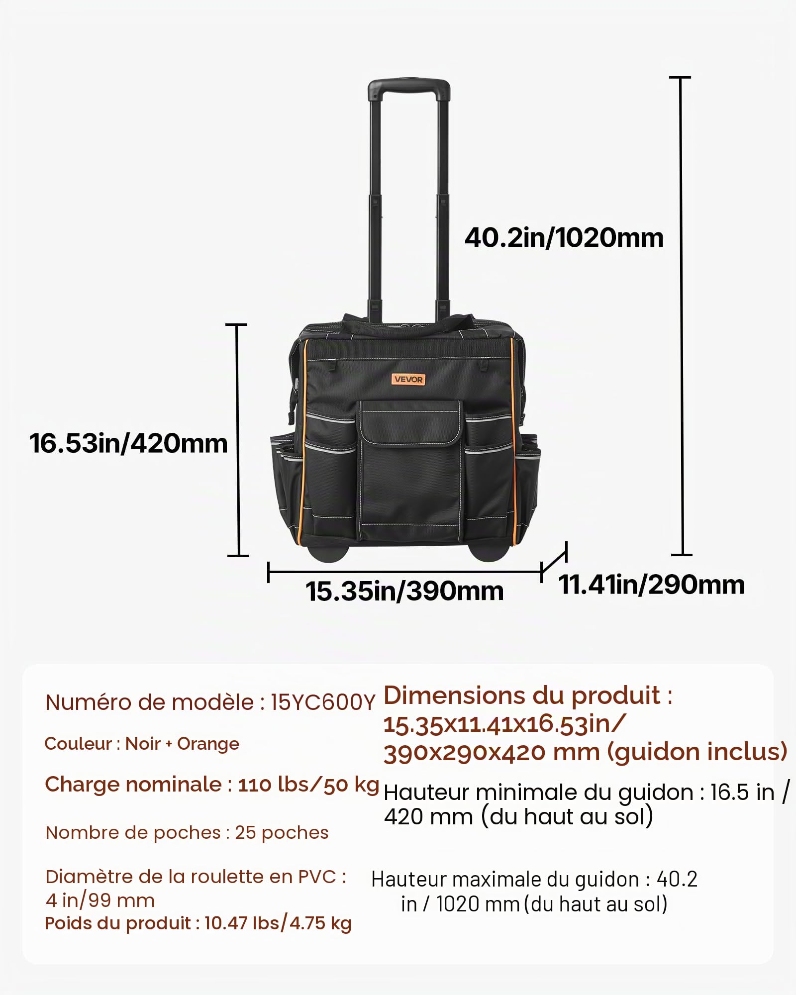 VEVOR Sac à Outils à Roulettes, Charge 50 kg, Caisse à Outil, 39x29x42 cm, avec 25 Poches, Poignée Télescopique, Base Stable, Sac Organisateur Outils Robuste pour Électriciens, Plombiers, Mécaniciens