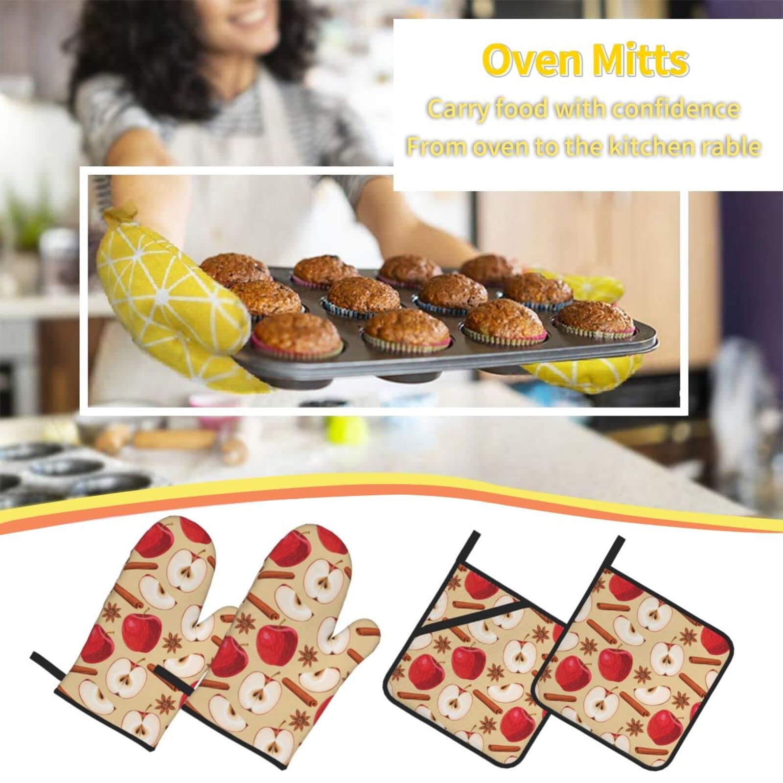 Czerwone jabłko rękawice kuchenne i uchwyty na garnki zestawy kuchenne gorąca podkładka antypoślizgowa żaroodporne wodoodporne rękawice do pieczenia do grillowania (4 sztuki), czarne, jeden