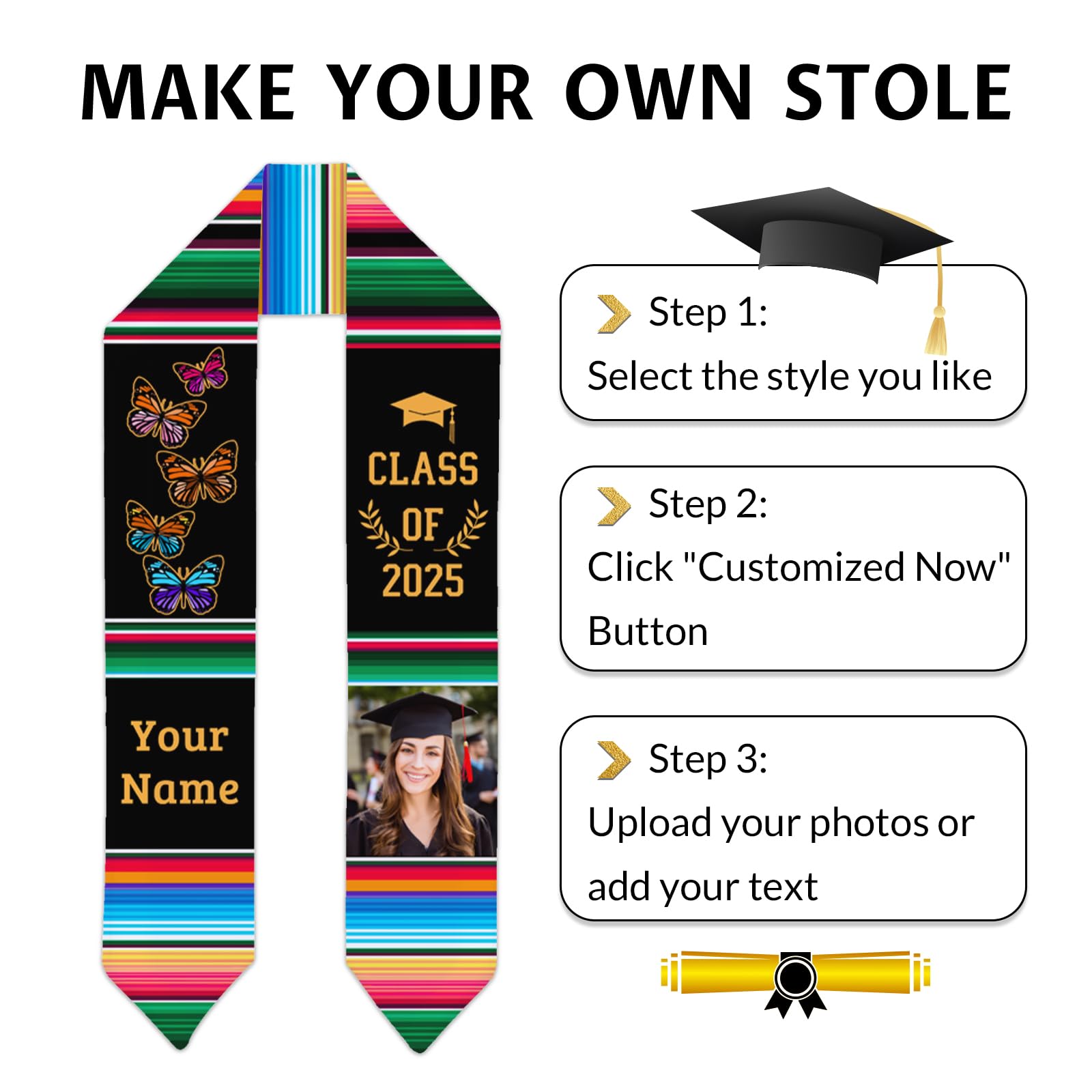 GIHSWE Personalized Photo Graduation Stole, Graduation Sash Senior Class of 2025, Grad Stoles Senior Double Side Printing Butterfly Print with Name, Gifts for Students Graduates, 70 Inches