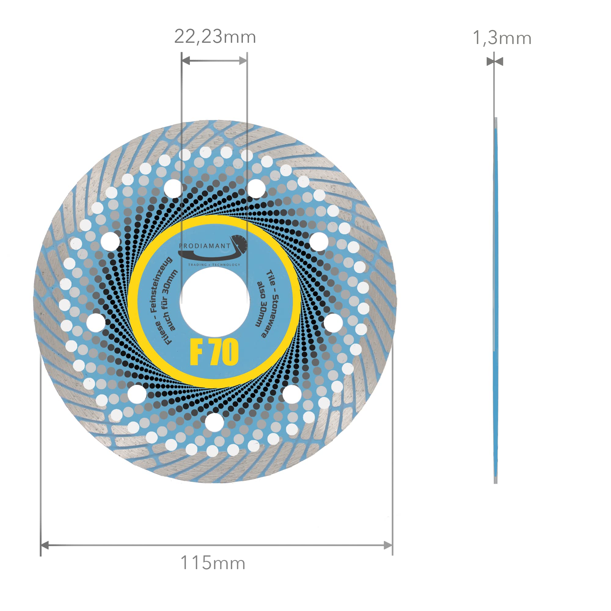 PRODIAMANT Disco de corte de diamante profesional premium F70 extra fino 115 mm x 22,2 mm, disco para baldosas de corte seco de hasta 3 cm