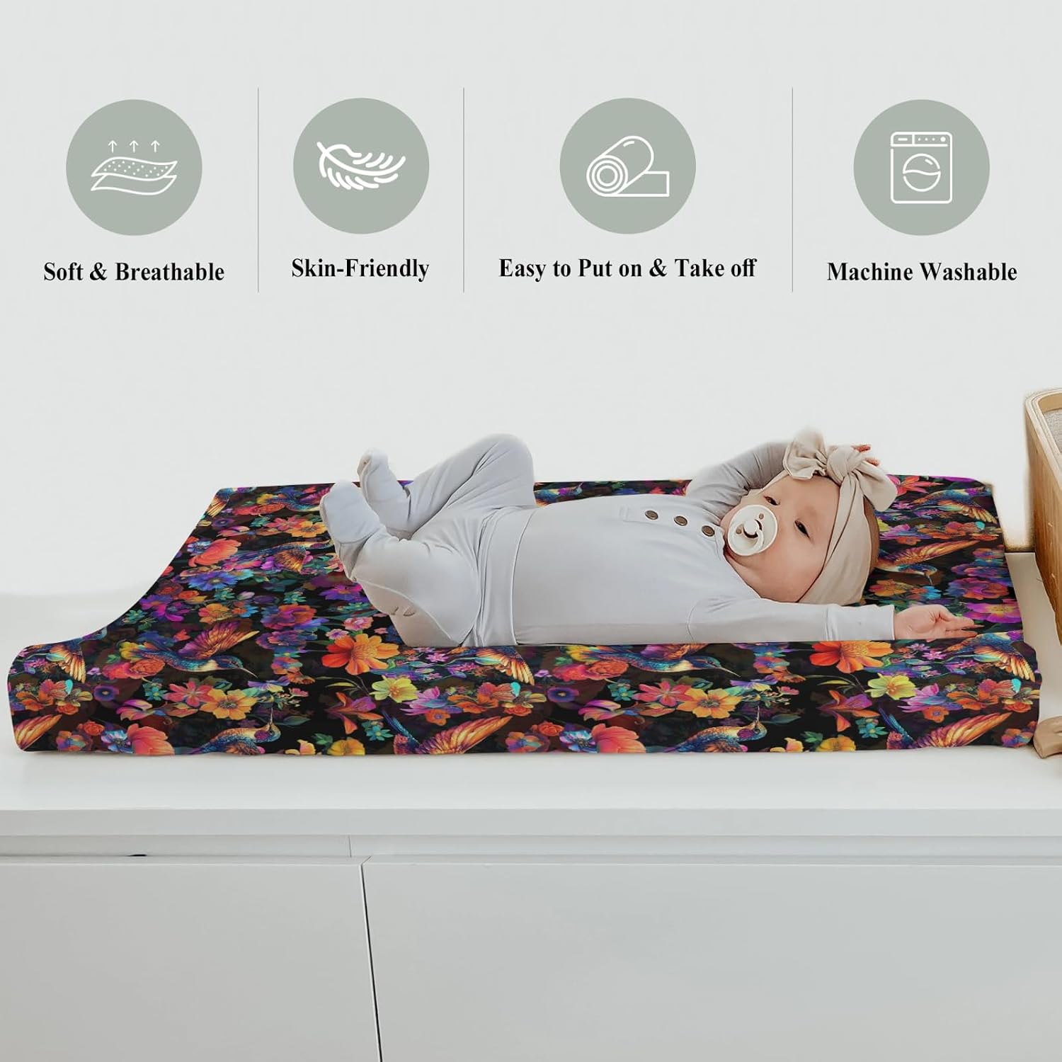 Garden Hummingbirds Blossom Changing Pad Covers for Baby Girls Boys Tropical Birds Floral Fitted Change Table Covers Mats Colorful Spring Animals Soft Diaper Changing Table Sheets 32''×16''