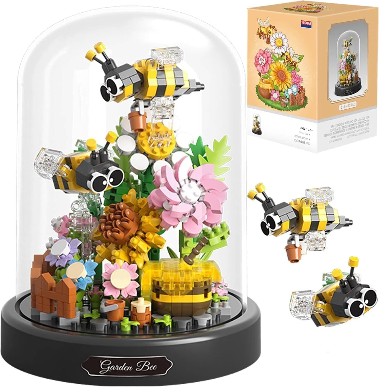 Bee Flower Bouquet Building Block Set, Insect Flowers Plants Decor with Dust Cover, Creative DIY Animals Plants Bonsai Collection Building Kit, Home Office Decor Gifts for Adults Teenager aged 16+