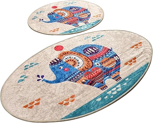 Miniatura 6 de VHD Ethnic Elephant - Juego de 2 alfombras de baño redondas antideslizantes, repelentes al agua, lavables a máquina, para suelo de baño y debajo del