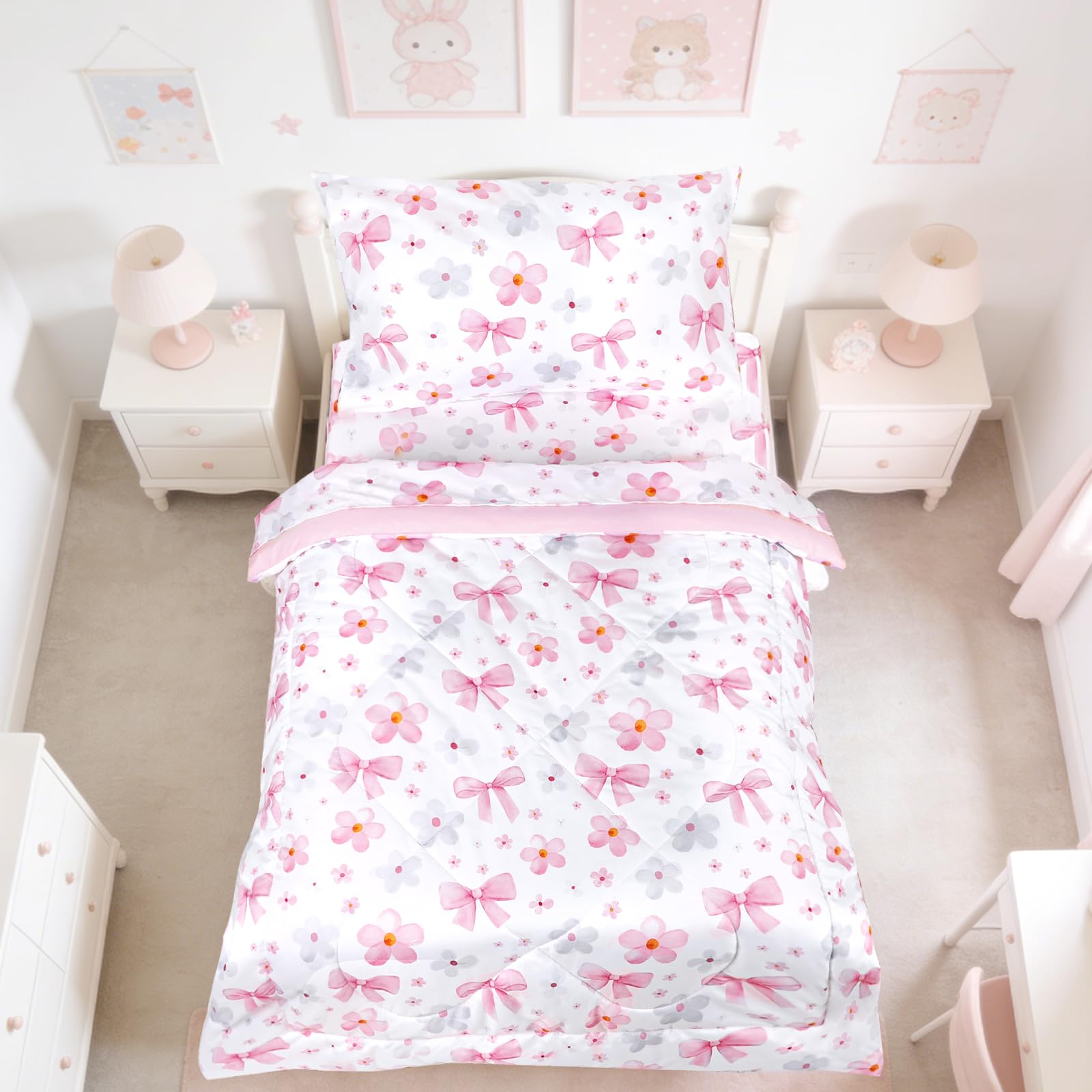 Hooyax Toddler Bedding Set for Girls - 4 Piece Bow Toddler Comforter Set Includes Fitted Sheet, Comforter, Pillowcase &amp; Flat Sheet - Soft Comfort Microfiber for All Seasons
