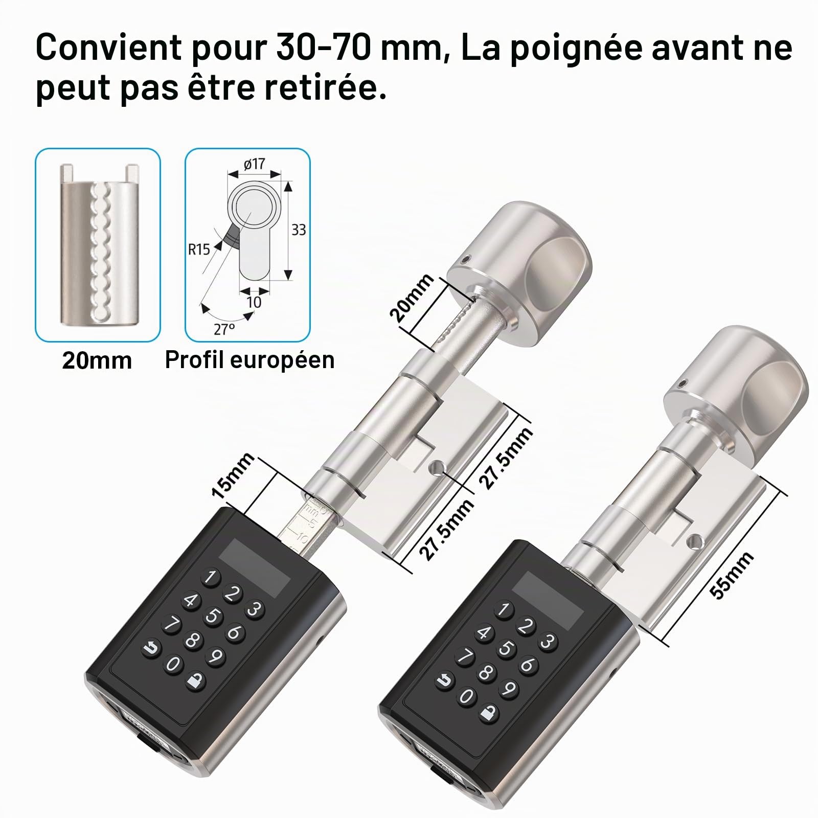 WELOCK Serrure Connectée P51 avec Password,RFID Carte et APP | Serrure à Code WiFi,cylindre code 30×30 pour porte de 30 à 70mm,serrure électronique facile à installer,Smart Lock IP65