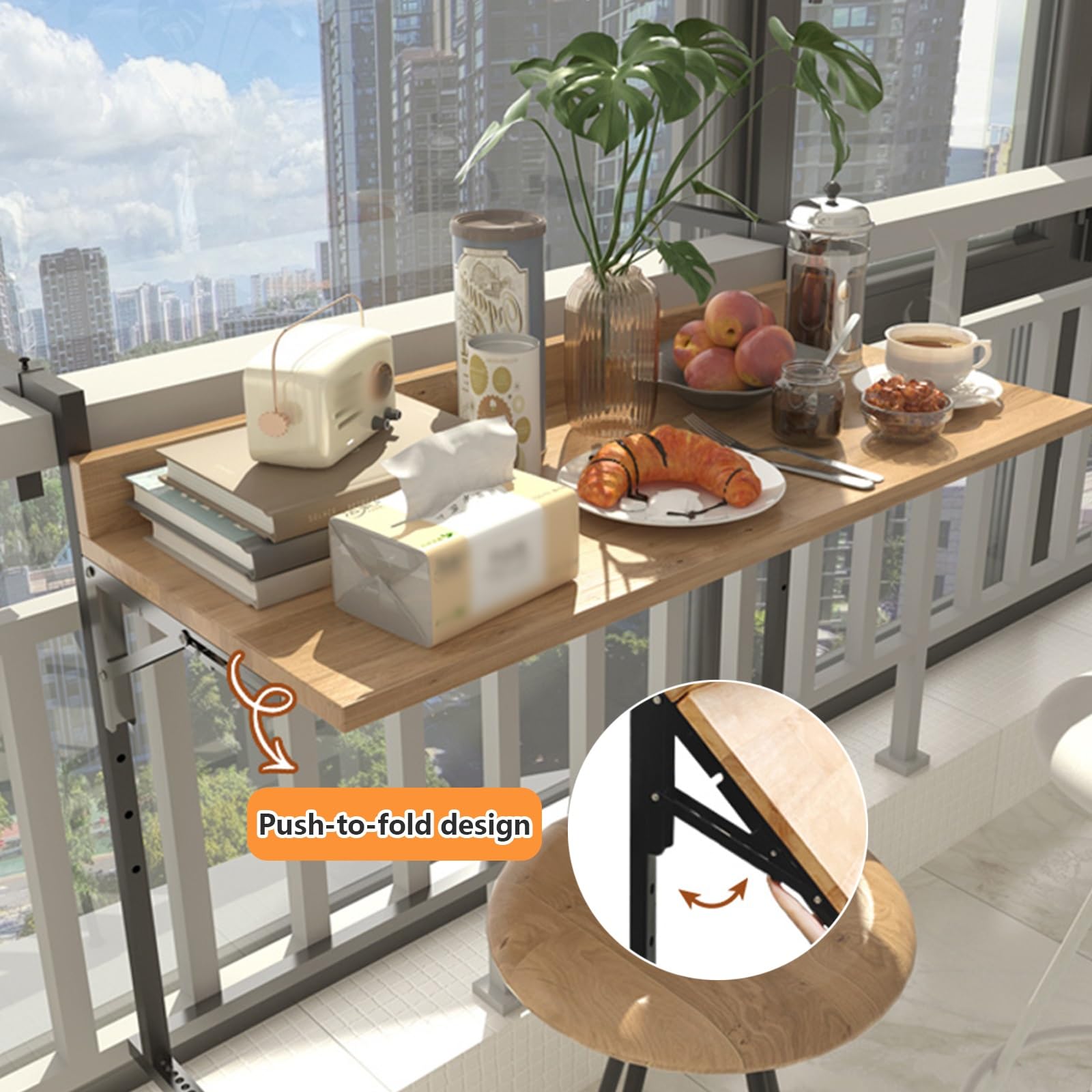 Tavolino da balcone,tavolo appeso alla ringhiera,Tavolo ringhiera in legno regolabile,finitura naturale,pieghevole,per patio da esterno, giardino, terrazza, ufficio(L60*w38cm/L23.6*W15IN)