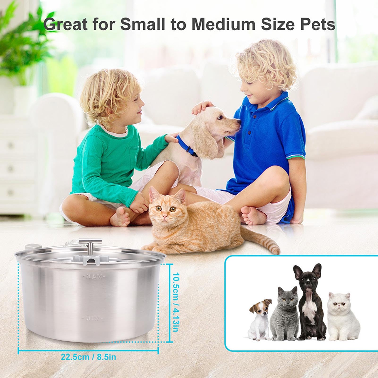 Fuente de Agua para Gatos de Acero Inoxidable, Dispensador Automático de Agua para Mascotas de 3,2 L para Perros y Gatos de Interior, con de Circulación y 3 Filtros de Repuesto,