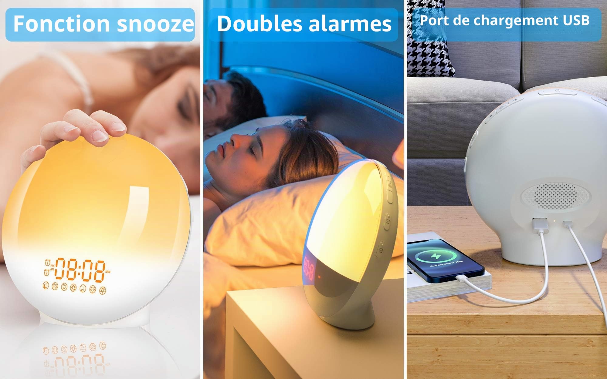 Lampe de Chevet Réveil Lumineux Réveil Simulateur d'Aube 7 Couleurs 20 Niveaux Luminosité 7 Sons Naturels Radio FM Double Alarme Veilleuse Enfant Rouge