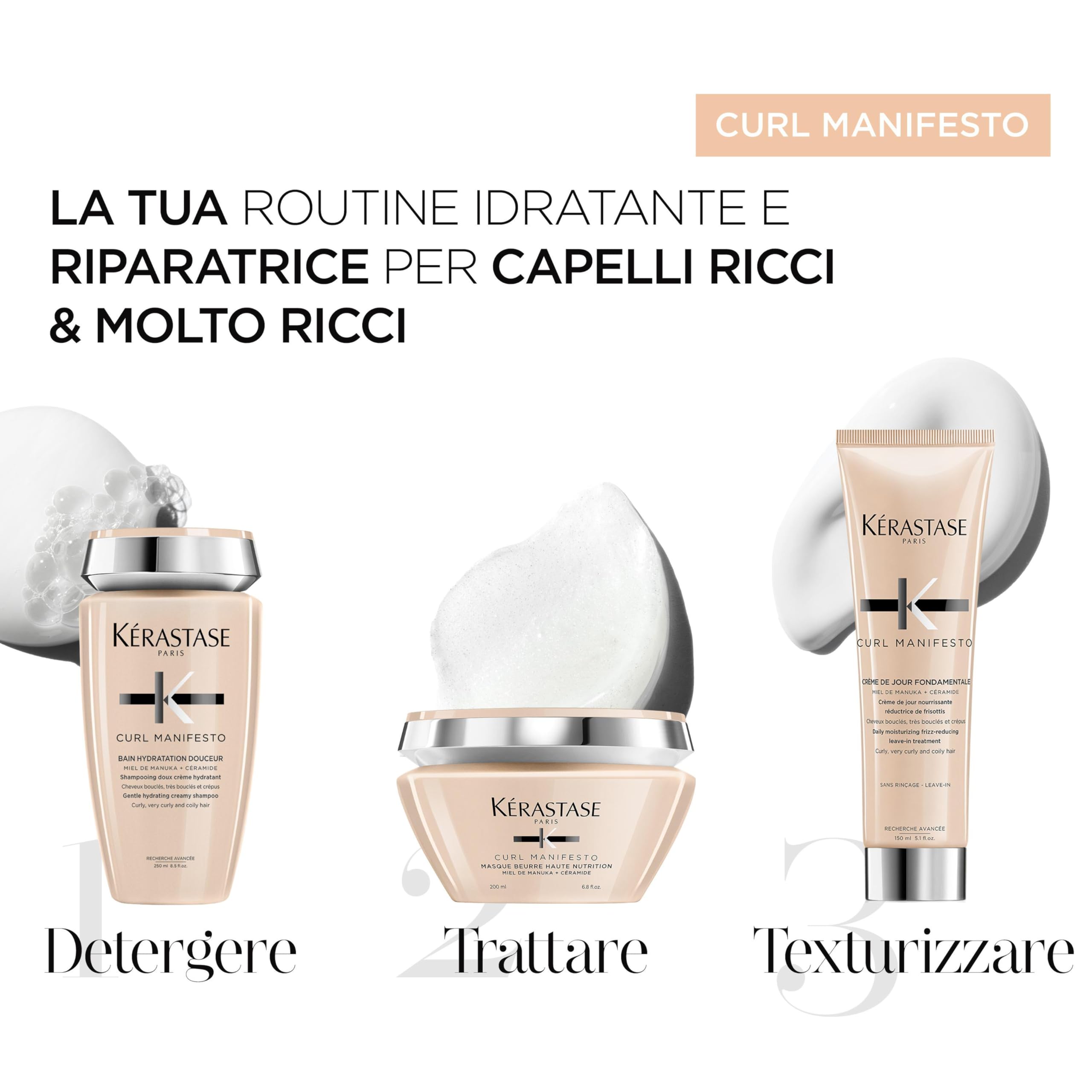 Kérastase, Curl Manifesto, Routine Idratante, Per Capelli Ricci e Crespi, Con Miele di Manuka & Ceramide, Shampoo Bain Hydratation Douceur+Maschera Beurre Haute Nutrition+Crema De Jour Fondamentale