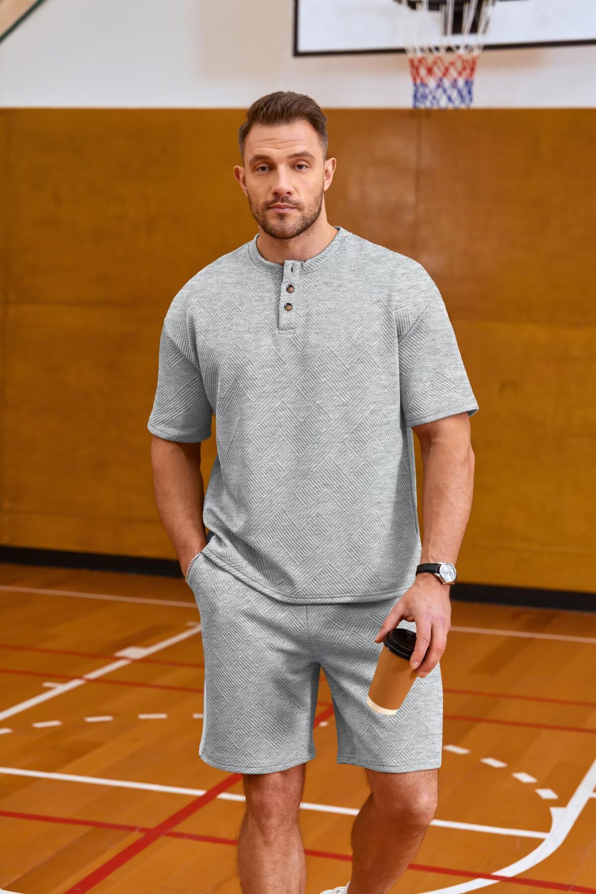 Remxi Herren Trainingsanzug 2 Teiliger Set Jacquard Henley Shirt Shorts Sets lässige Jogginganzüge Sommer Tracksuit Sets