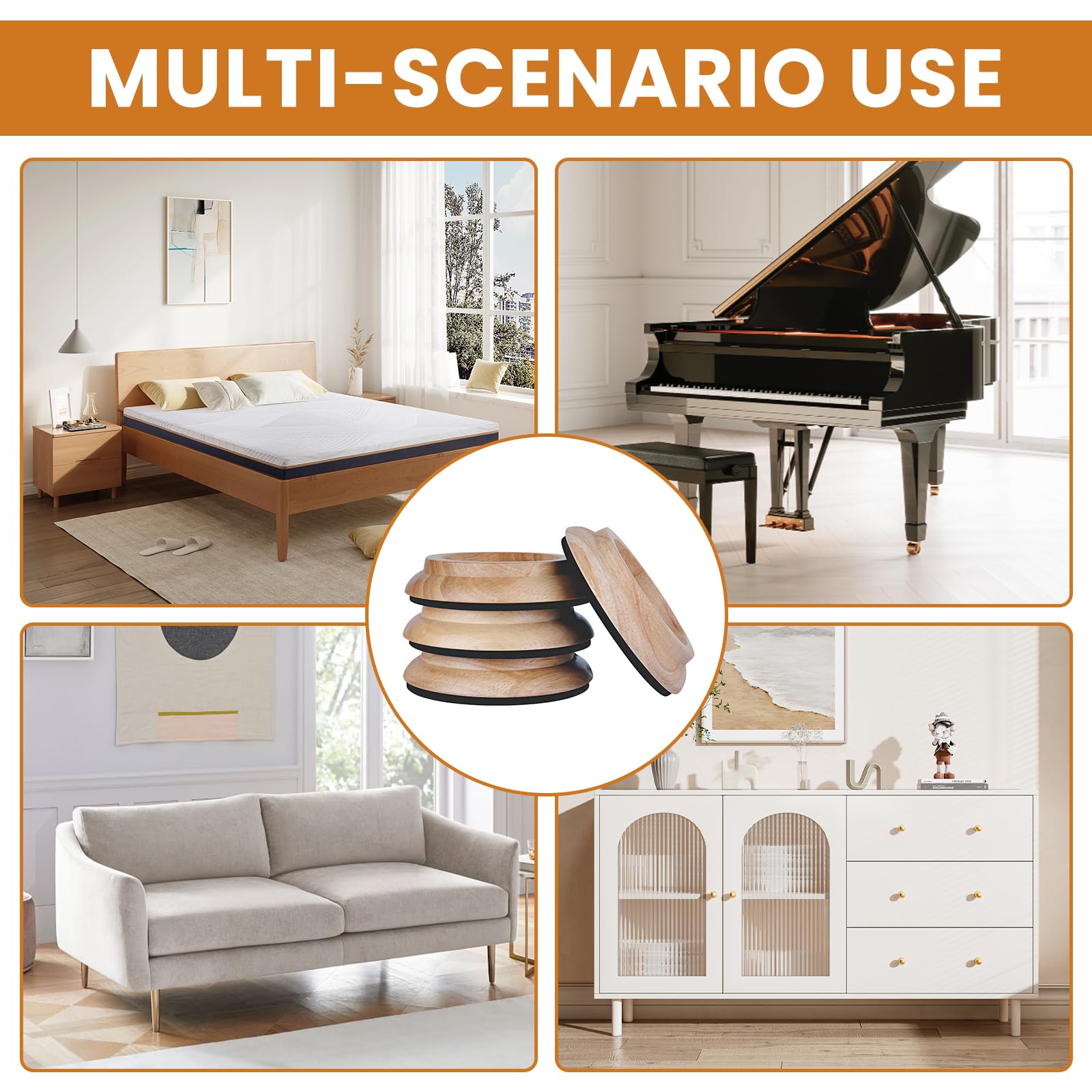 4 posavasos para piano, de madera, redondos, 10 cm de diámetro, para piano, de madera de caucho, para piano, muebles, sofás