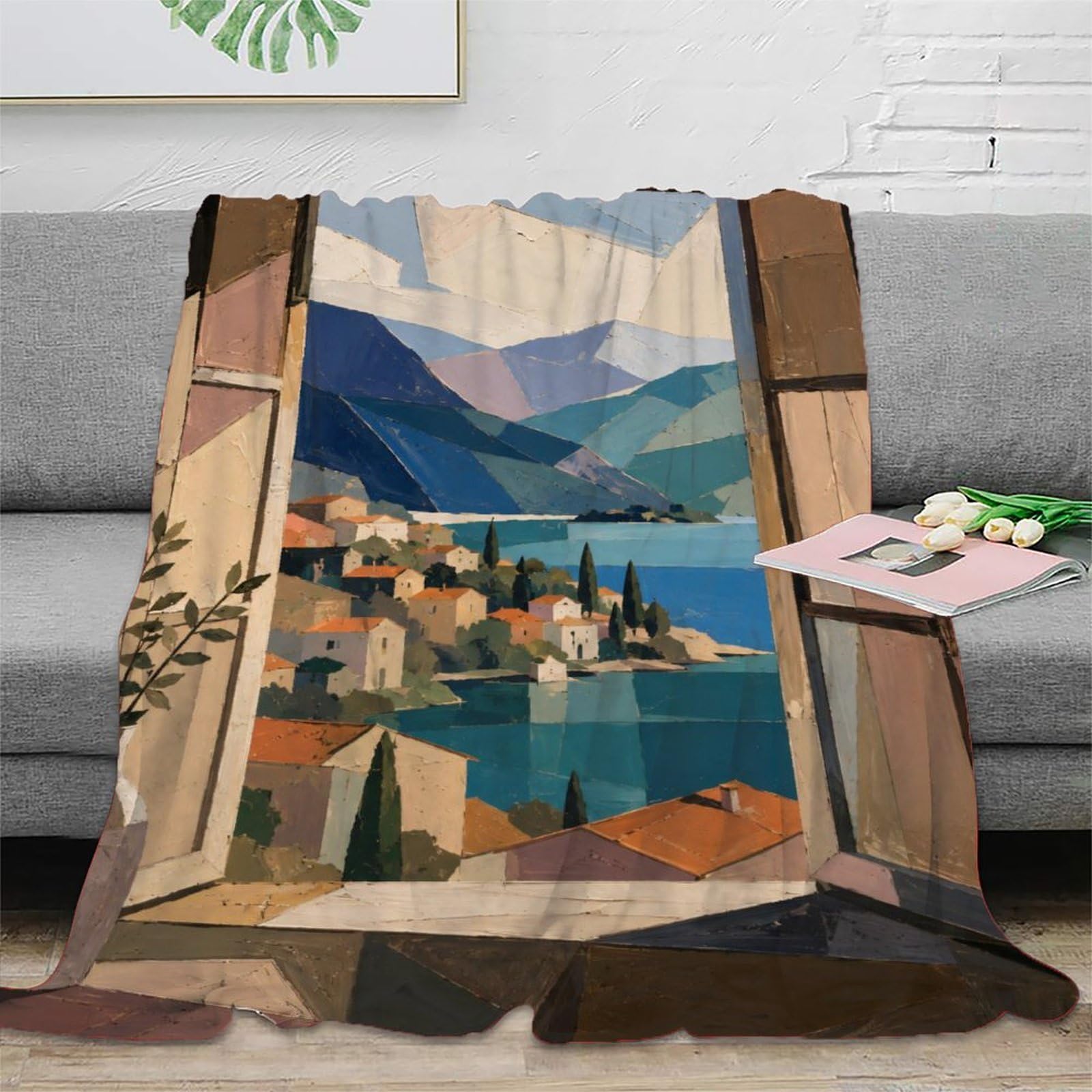 W7C8U2X3 Mediterranean Lake Window Throw Blanket, Flannel, Reading