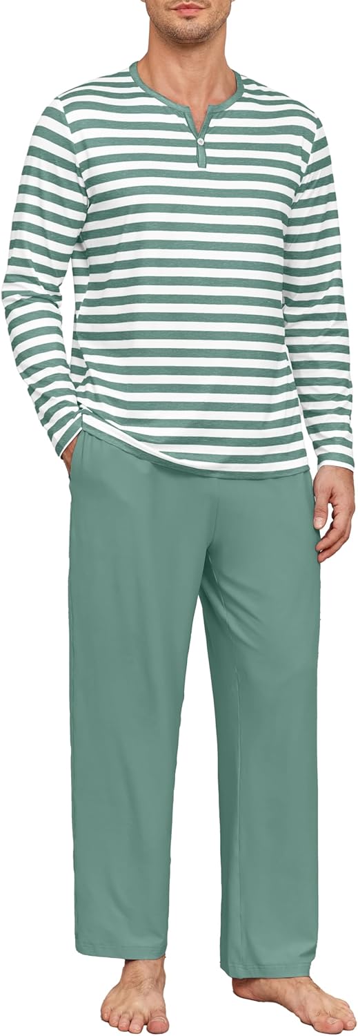 PrinStory Men's Pajamas Set Long Sleeve Pjs 2 Piece Comfy Pajama Sleepwear Henley Loungewear Sets with Pockets - Image 2