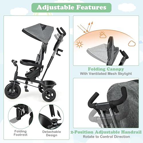 Miniatura 5 de HONEY JOY Triciclo, cochecito triciclo para niños con asa de empuje ajustable y toldo, asiento reversible, cinturón de seguridad, pedal plegable,