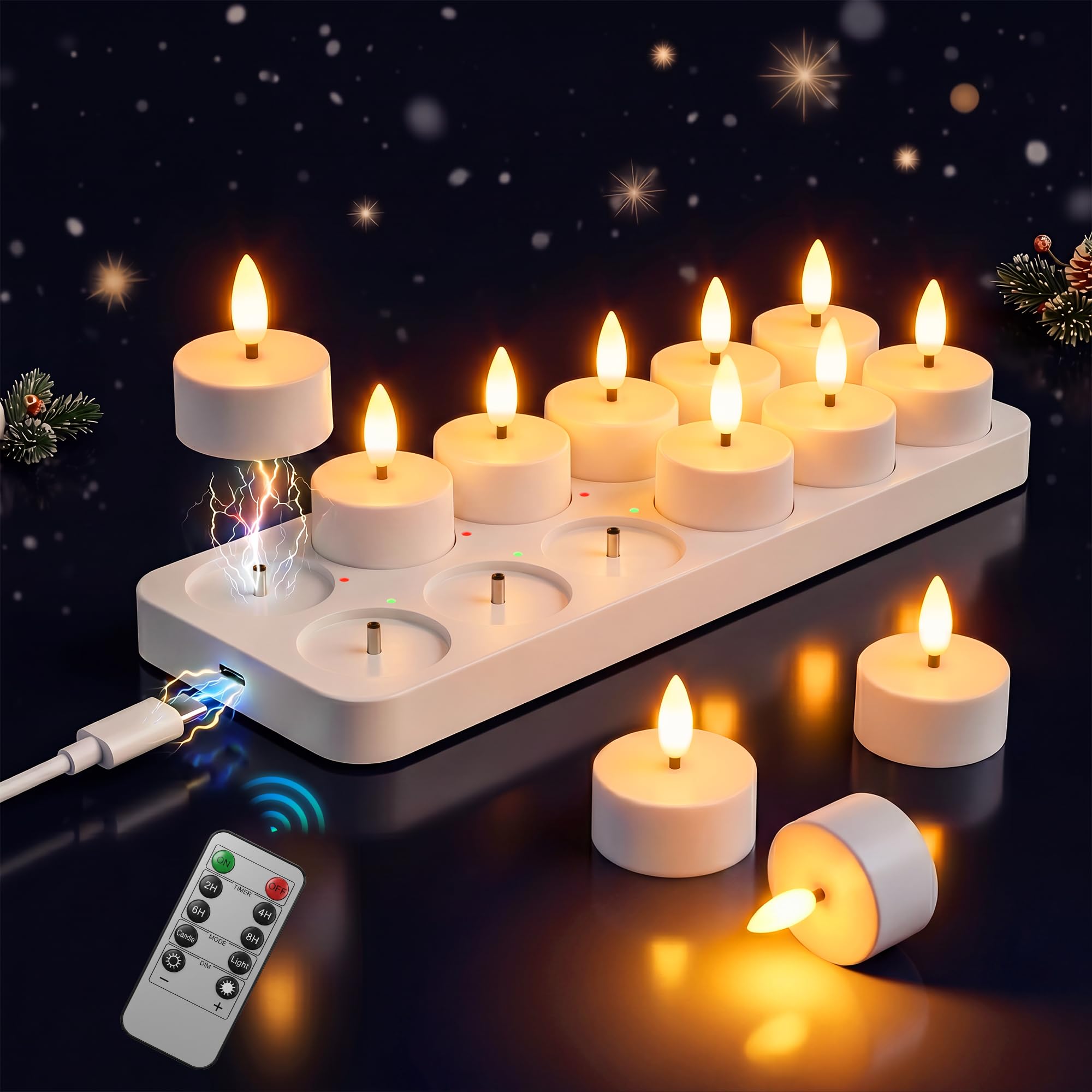 Velas de Té LED Recargables más de 50~110 Horas 12 Pz | Velas Decorativas Efecto Llama con Base de Carga, Decoracion Cumpleaños - Velas Sin Llama para Fiesta Hogar Salone Halloween