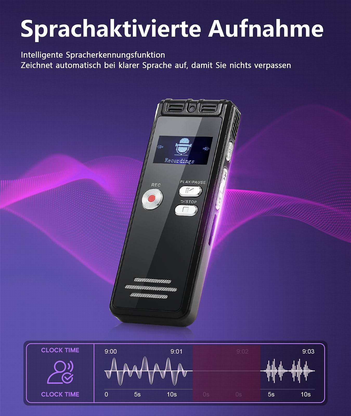 Dictaphone 32 G - 1536 kbps - Enregistreur vocal numérique - Interface Type-C - Appareil d'enregistrement One-Touch-HD Dual MIC pour conférence, entretien, réunion