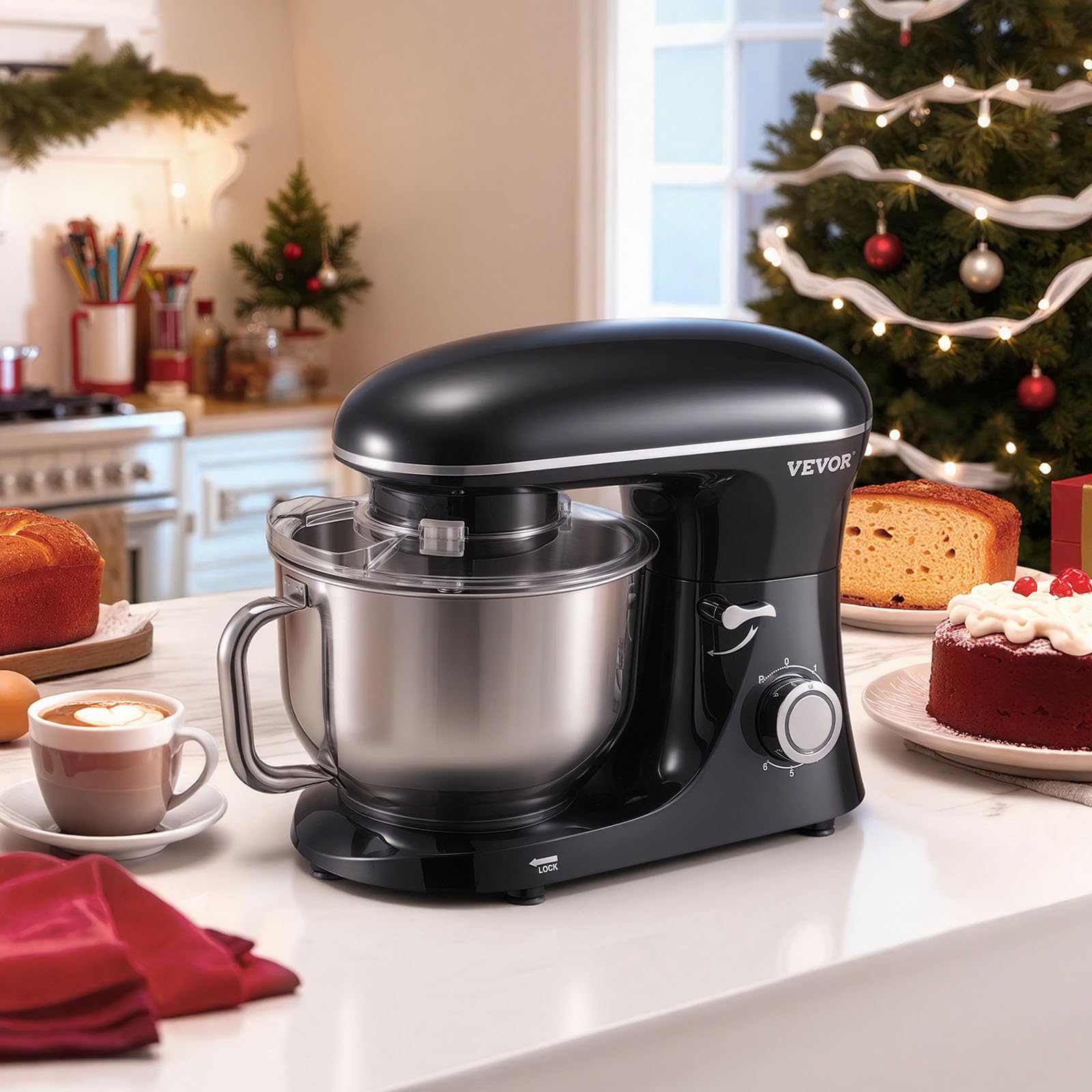 VEVOR Batidora de Masa de 5,68 L, Batidora de Alimentos con Cabezal Inclinable de 1400 W y 6 Velocidades, Tazón de Acero Inoxidable, Gancho para Masa, para Hornear, Mezclar, Negro, 456 x 240 x 332 mm