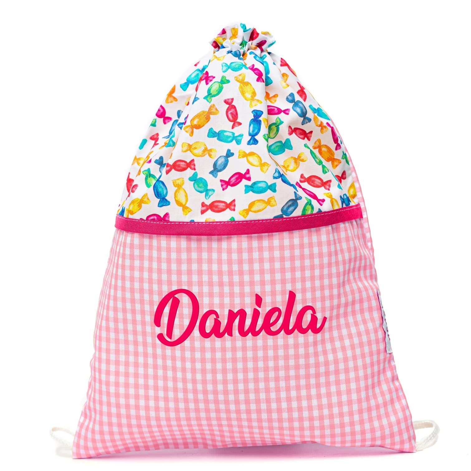 Nenel Conjunto Escolar para Colegio o guardería: Mandilón, babi o Bata Escolar + Bolsa merienda Bordado con el Nombre. Modelo Caramelos