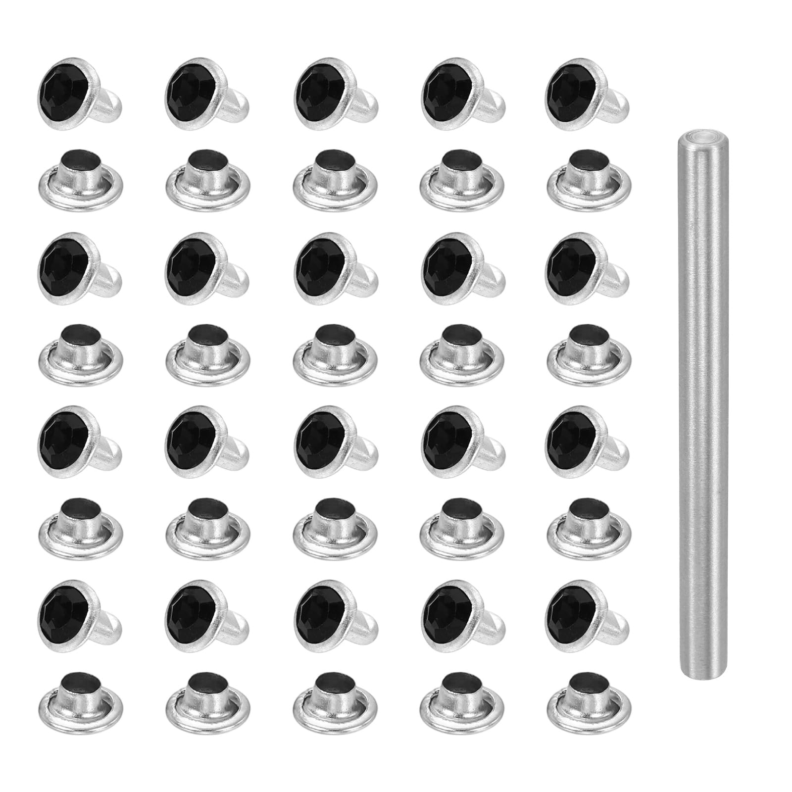 sourcing map 100pcs Crystal Rivets 6mm Rhinestone Rapid Stud Rivets with Steel Installation Tool for Clothing Leather Fabric Arts Crafts Decoration Leathercraft DIY, Silver Black โ image 1