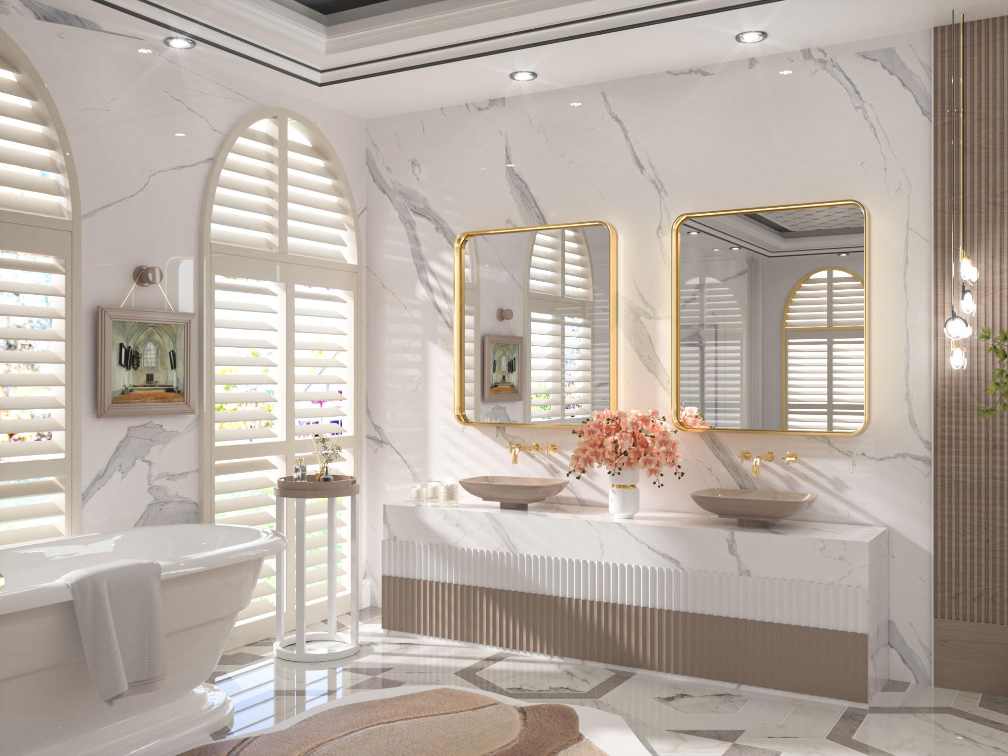 TETOTE 32x36 Inch Brushed Gold Frame Mirror, Bathroom Vanity Mirror for Wall, Modern Rectangle Round Corner Matte Framed Mirror (Horizontal/Vertical)