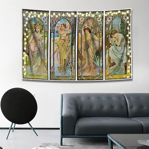 Miniatura 2 de INVIN ART Tapiz para colgar en la pared, decoración del hogar, serie The Times of the Day de Alphonse Mucha para sala de estar, dormitorio, baño,