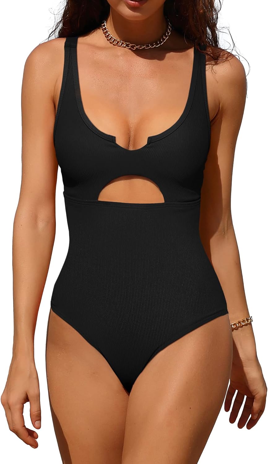 Charmo Ribbed One Piece Swimsuits for Women Cutout Scoop Neck Bathing Suit High Cut Padded Monokini