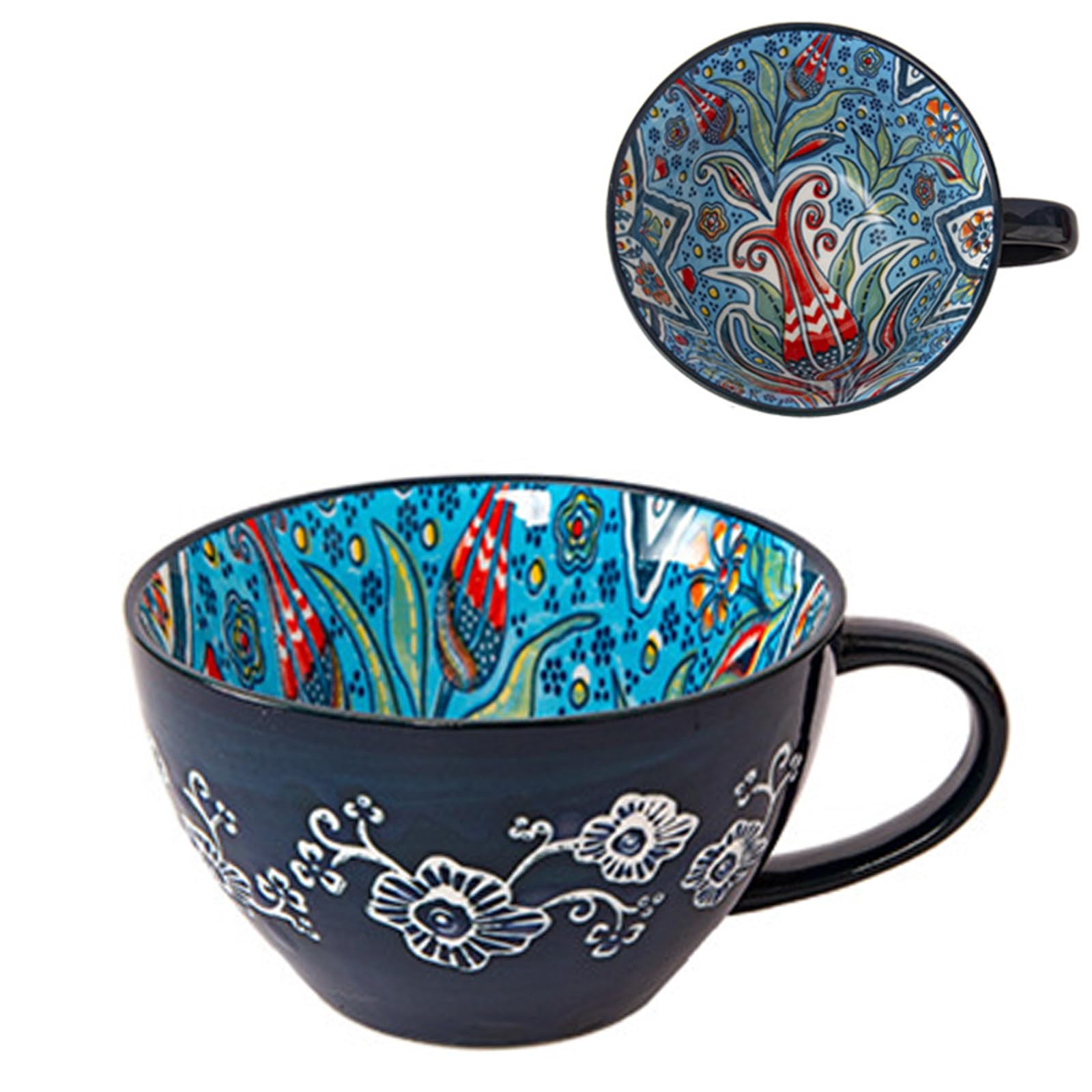Bibykivn 400ml Ceramic Soup Cup with Handle, Hand Painted Ceramic Soup Bowl, Oven and Microwave Resistant - For Breakfast, Müesli, Dessert, Milk, Fruit and Salad (GLD)