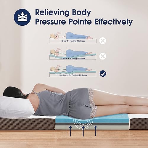 Miniatura 10 de bedluxury Colchón triple plegable de 3 pulgadas con bolsa de almacenamiento, cubrecolchón plegable de espuma viscoelástica, cama de invitados