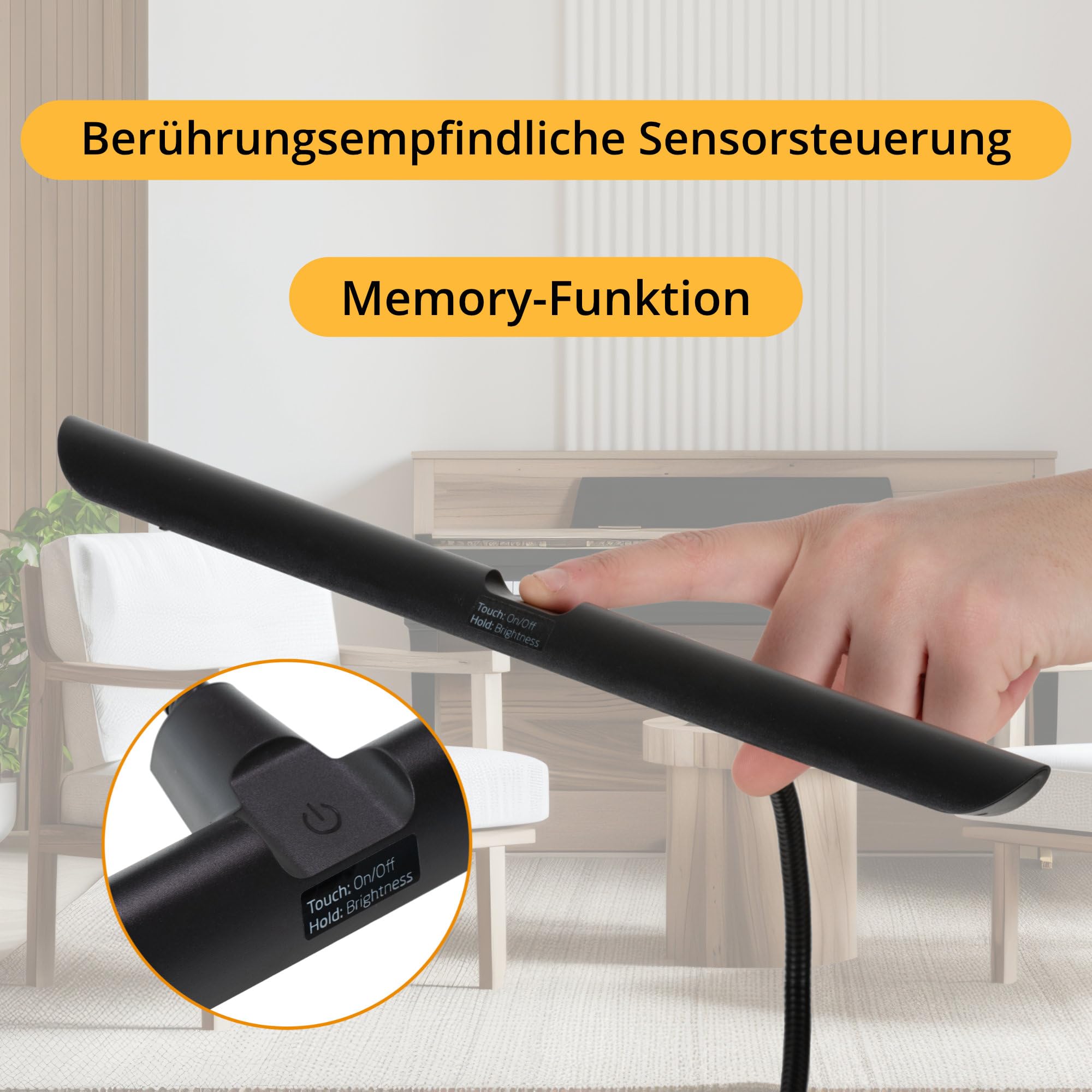 Classic Cantabile SM Pianoleuchte Easy - Dimmbare Klavierlampe mit Memory-Funktion - Tischlampe mit Schwanenhals - Warm-weißes Licht mit 18 LEDs - Notenpultleuchte mit Touch - Klavierleuchte Schwarz