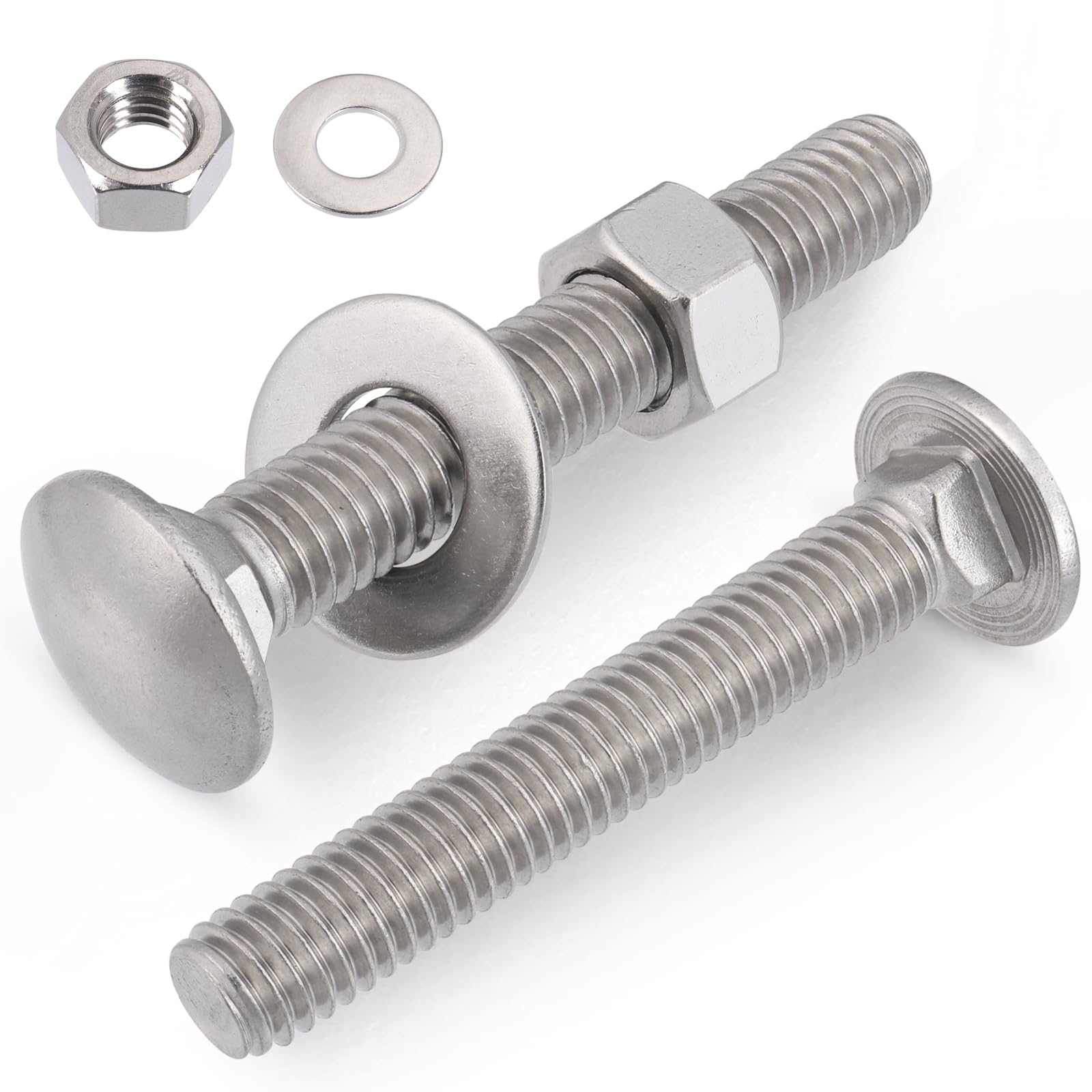 VGBUY 3/8-16 x 3 Carriage Bolts Screws 6 Sets, 304 Stainless Steel 18-8, Round Head Square Neck, Carriage Bolts and Nuts Kit, with Flat Washers