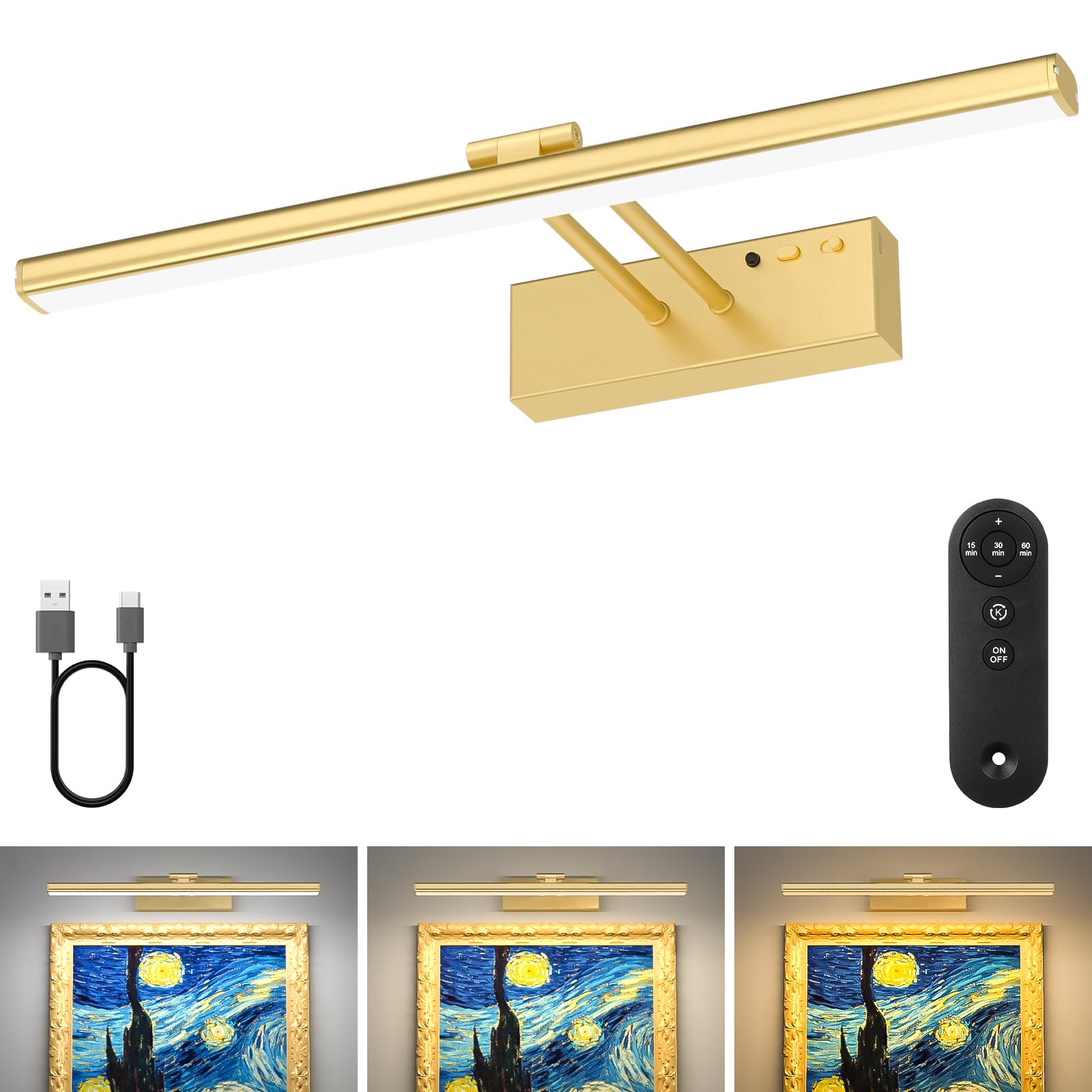15.35inch Picture Light with Remote, Wireless Rechargeable Battery Wall Light for Paintings, 3 Colors Paintings Light Dimmable and Timer Metal Art Light for Display, Wall, Artwork, Gallery (Gold)