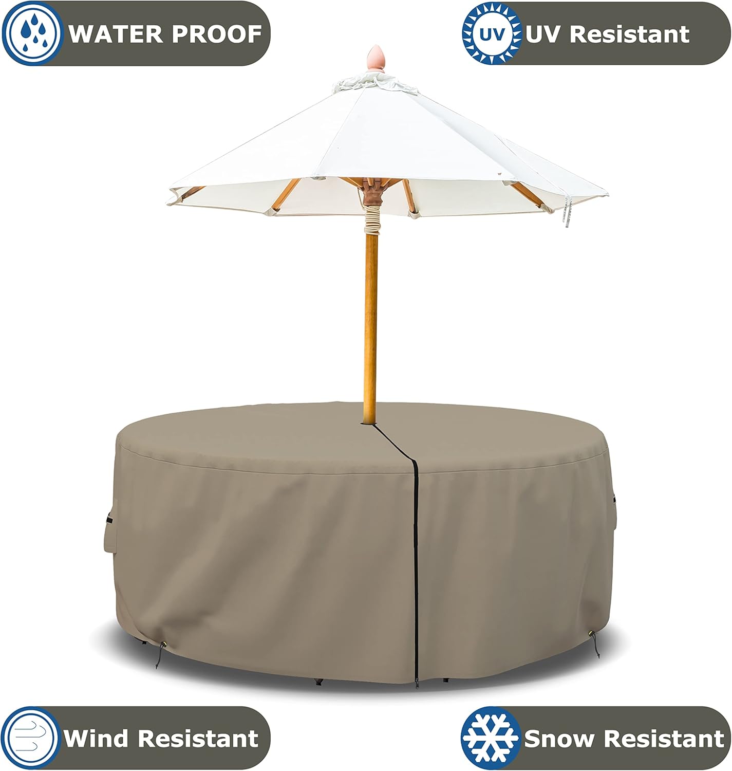 Covers & All Patio Round Table and Chair Set Cover with Umbrella Hole - Heavyduty 12 Oz Waterproof Outdoor Backyard Furniture Cover with Air Pocket & Drawstring for Snug fit. (95" Dia x 24" H, Beige)