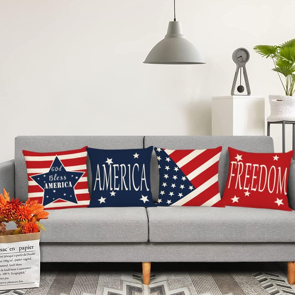 4th of July Throw Pillow Covers 24x24 Set of 4 Patriotic Decorative Pillow Covers American Flag Pillow Covers Memorial Independence Day Cushion Cases for Home Outdoor Sofa Couch Decorations (24 inch)