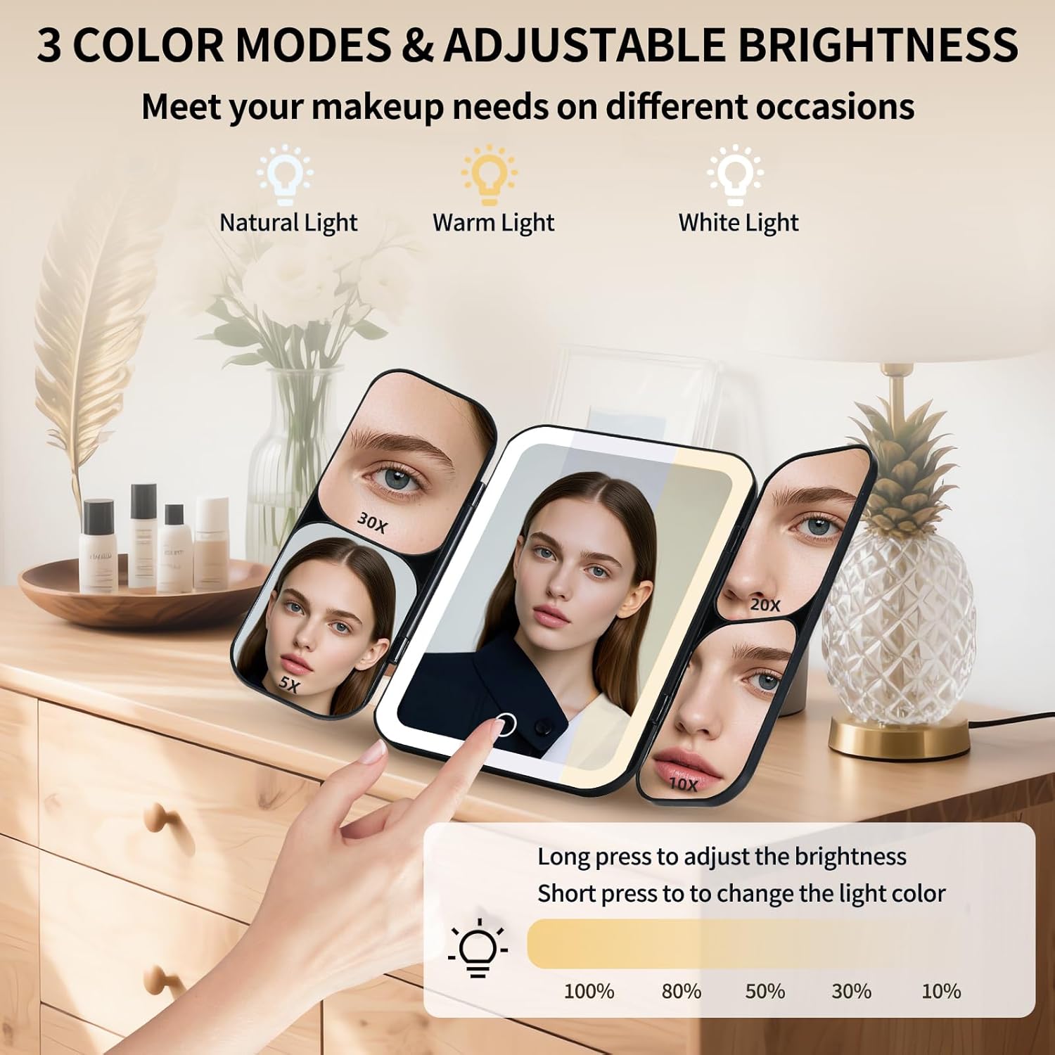 Tri-fold Vanity Mirror with Light,Rechargeable Travel Makeup Mirror with 5X/10X/20X/30X Magnifying Mirror,Touch Screen Dimming Light Up Vanity Mirrors for Travel Home,Black