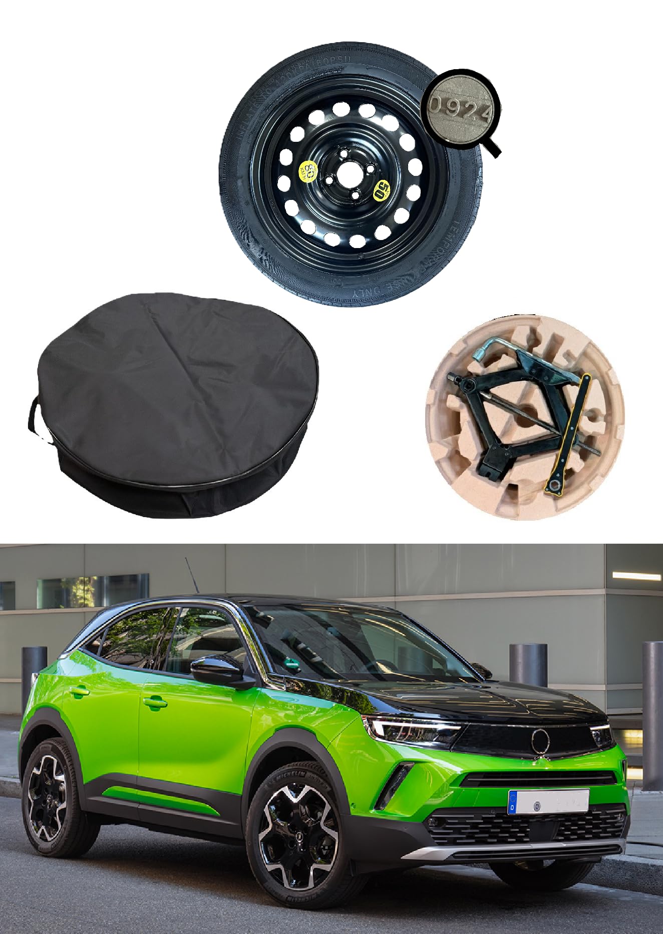 Ersatzrad-Set 17 Zoll, kompatibel mit Opel Mokka/Mokka-E (ab 2020) mit Wagenheber, Schlüssel, Tasche und Behälter
