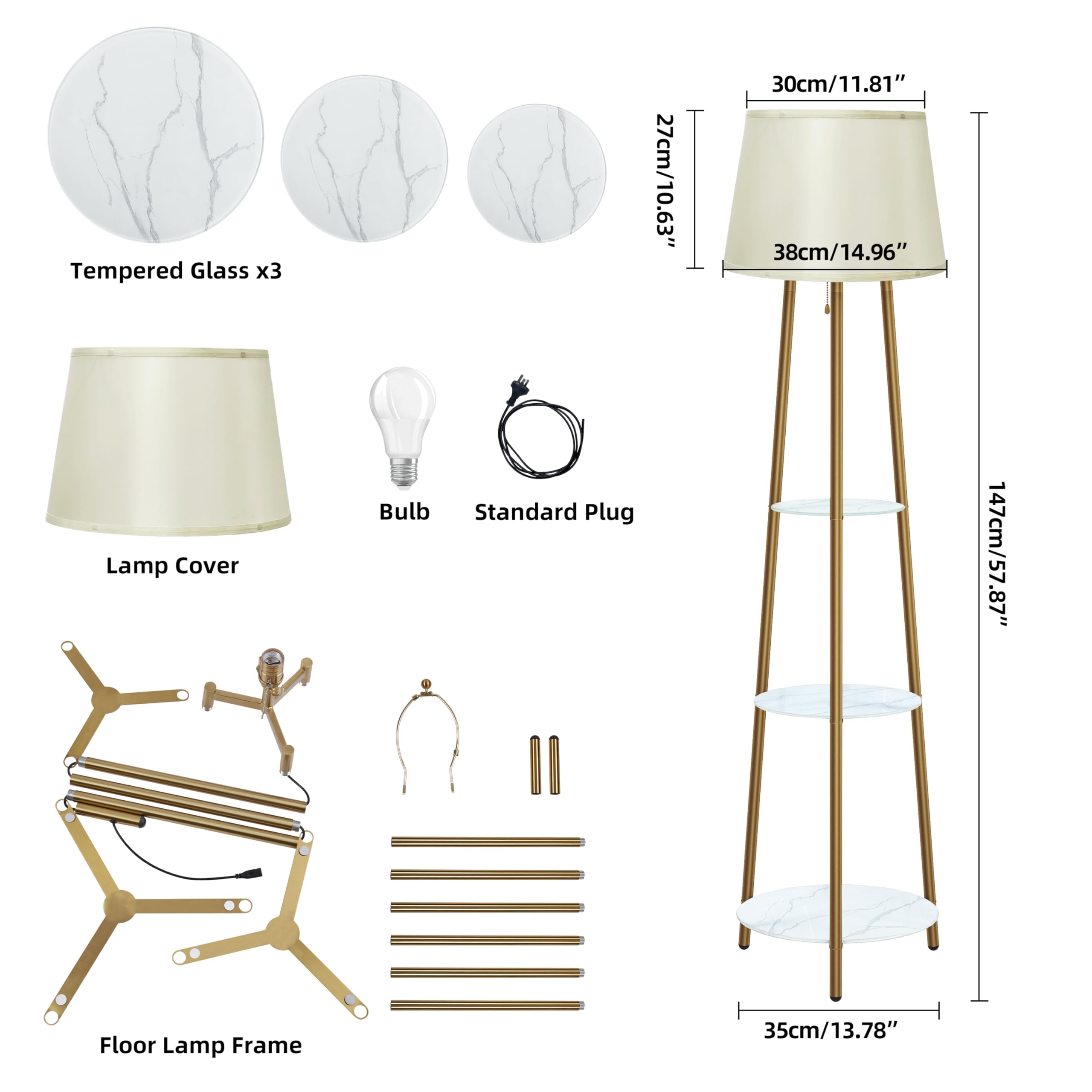 Lampadaire Trépied Métal avec 3 Étagères Verre Trempé LED 35x147cm | 3 Températures de Couleur 2700K/4500K/6500K, Abat-Jour en Lin, Pour Salon, Chambre, Bureau, Ampoule Incluse