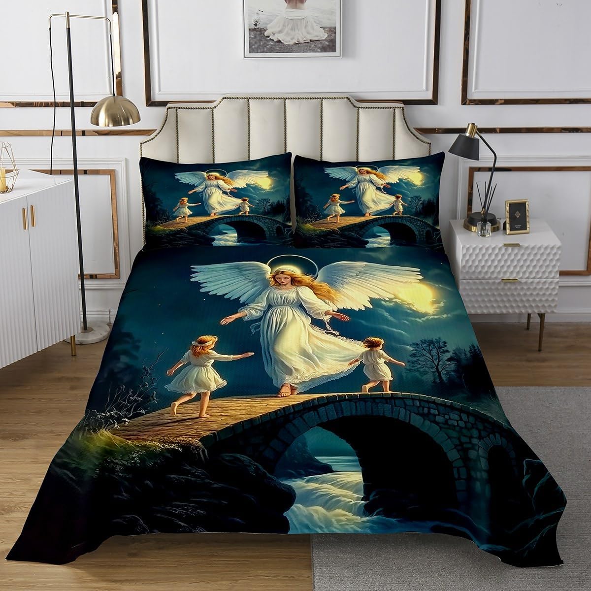 Erosebridal Guardian Angel Bedspread Set Ancient Mid Century Quilt Set Twin Size Western Vintage Roman Bedspread Sets Mystery Angel Halo Wings Coverlet Set with 1 Pillowcase