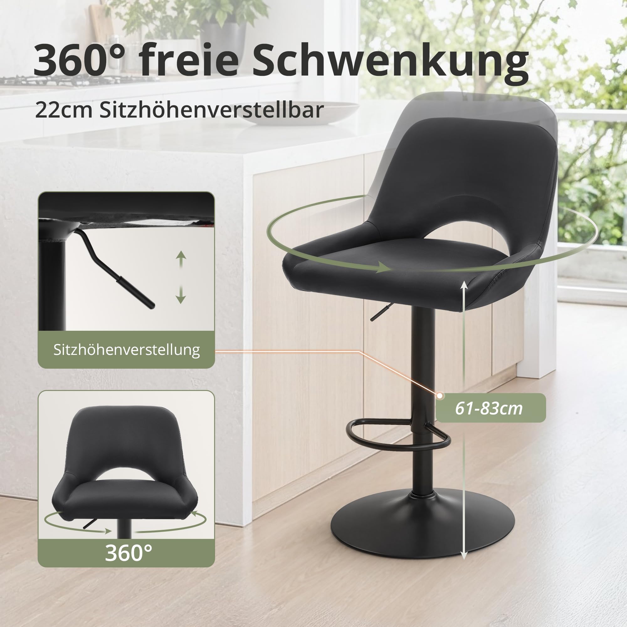 LUE BONA Barhocker 2er Set, Barstuhl Höhenverstellbar Drehstuhl, Bar Stool mit Durchbrochene Rückenlehne, Hohe Barhocker für Küche, Bar, Wohnzimmer, Schwarz