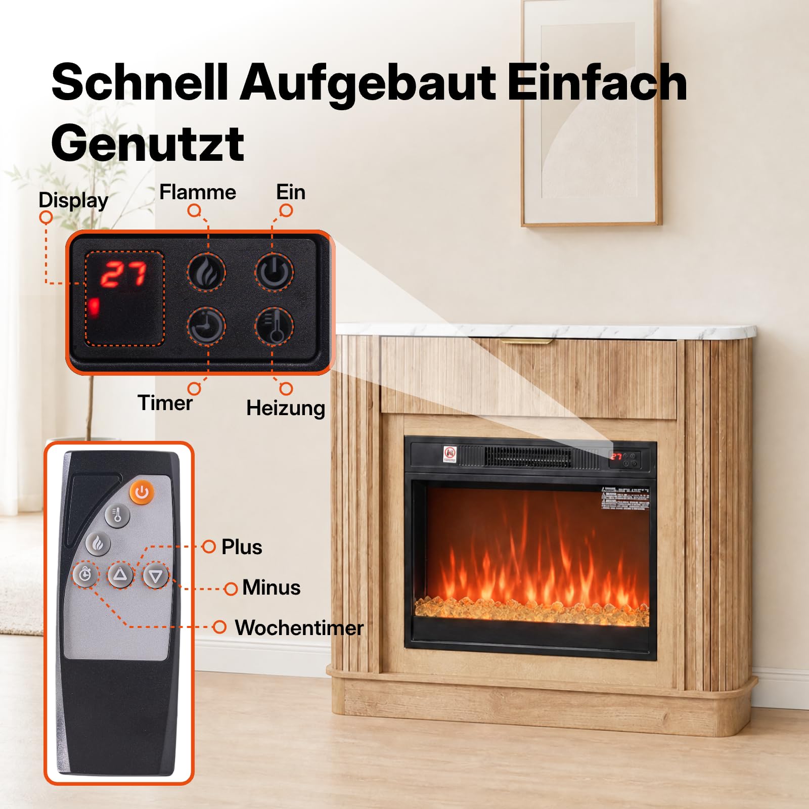 NorthSky Elektrokamin mit Heizung 1800W, 39 Zoll Standkamin mit Kaminsims & Marmorplatte, 23 Zoll 3D LED Flammeneffekt, 7 Farben 10 Modi, Fernbedienung & Timer, Stauraum Schublade, Wohnzimmer
